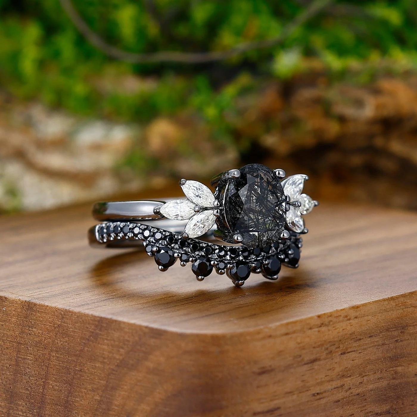 Vintage Oval Black Rutilated Quartz Gold Leaf Tungsten His and Hers Ring Set - view 3
