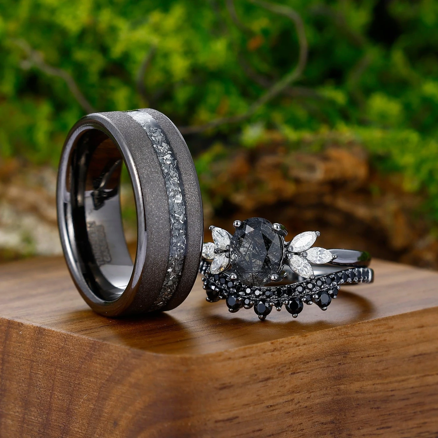 Vintage Oval Rutilated Quartz & Aluminum Tungsten Couples Ring Set His and Hers Black Diamond Wedding Band - view 3