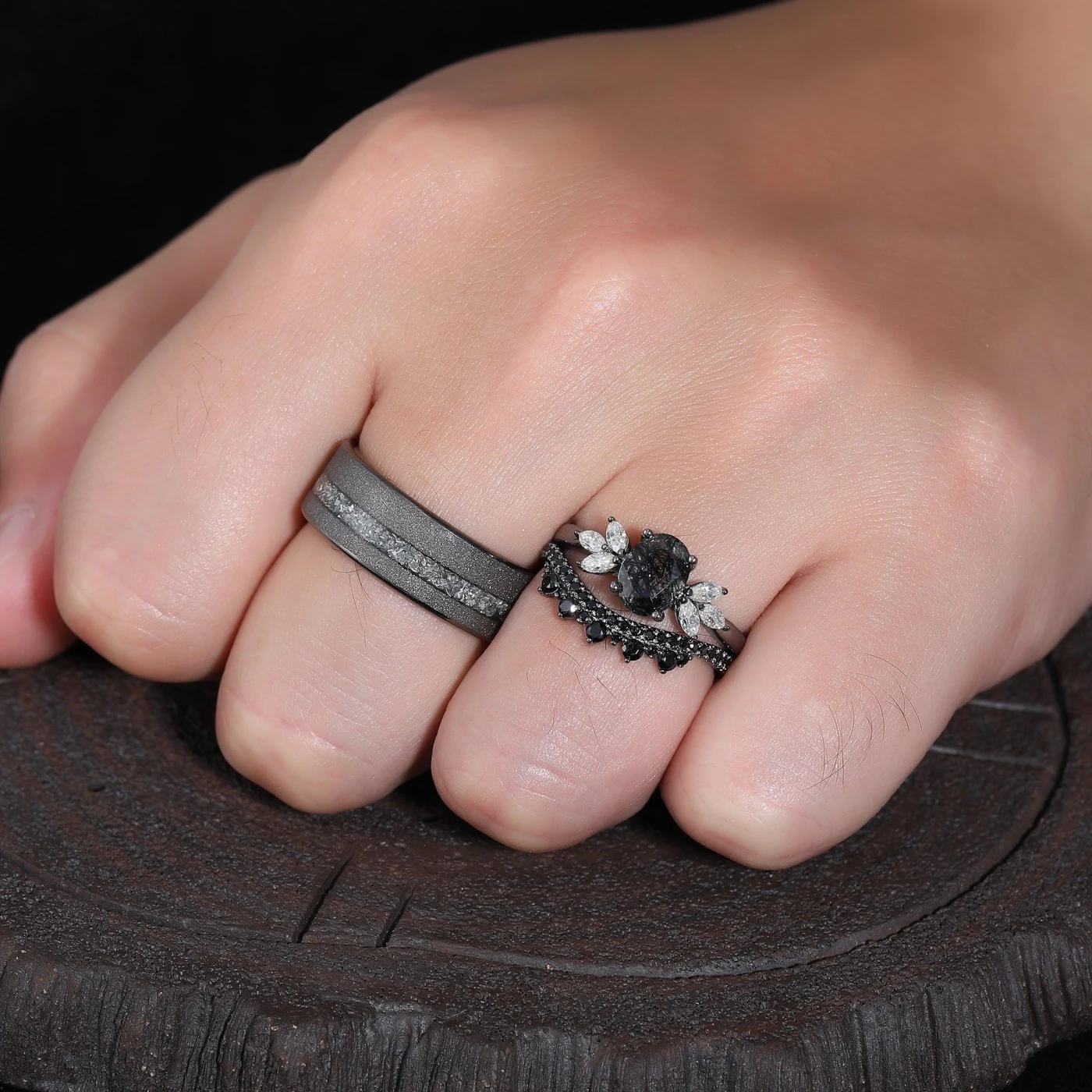 Vintage Oval Rutilated Quartz & Aluminum Tungsten Couples Ring Set His and Hers Black Diamond Wedding Band - view 5