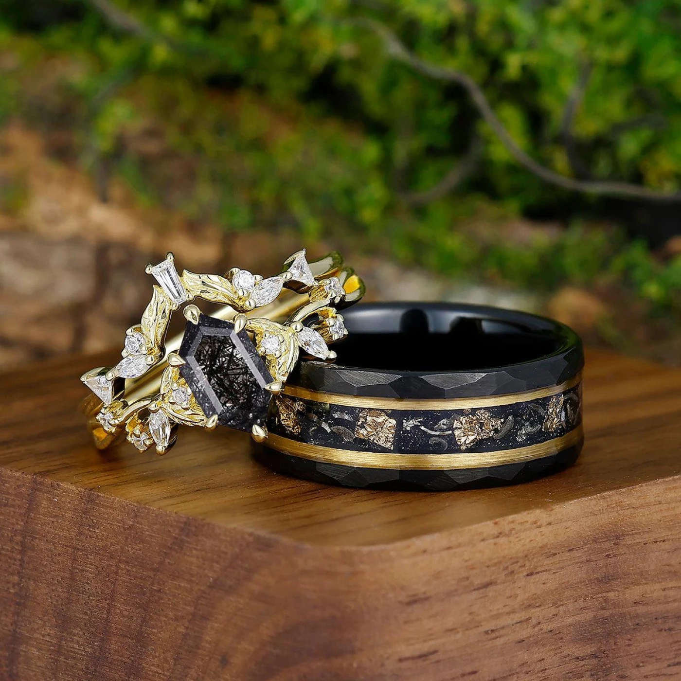 Retro Long Hexagon Leaves Couples Rings Set Tungsten Matching Couple Set