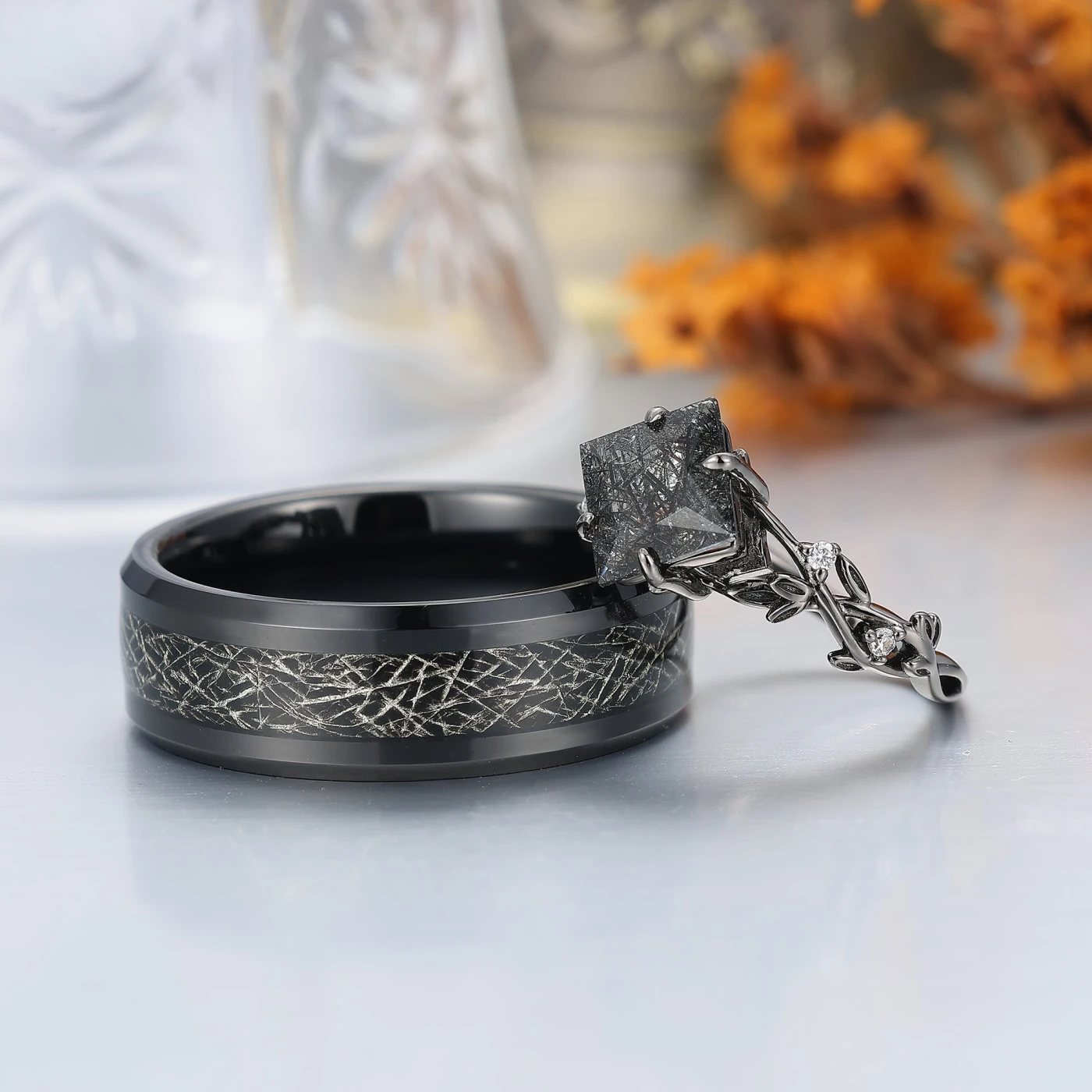 Exquisite Black Rutilated Quartz Sprig Engagement Couple Rings
