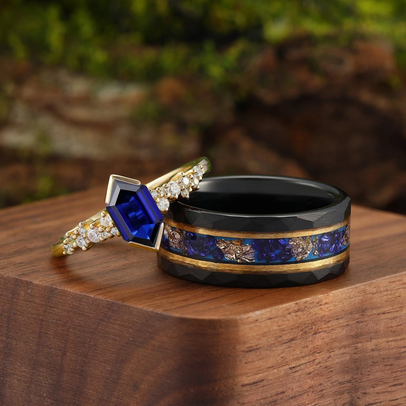 Vintage Hexagon Blue Sapphire Black Tungsten His and Hers Wedding Wedding Band