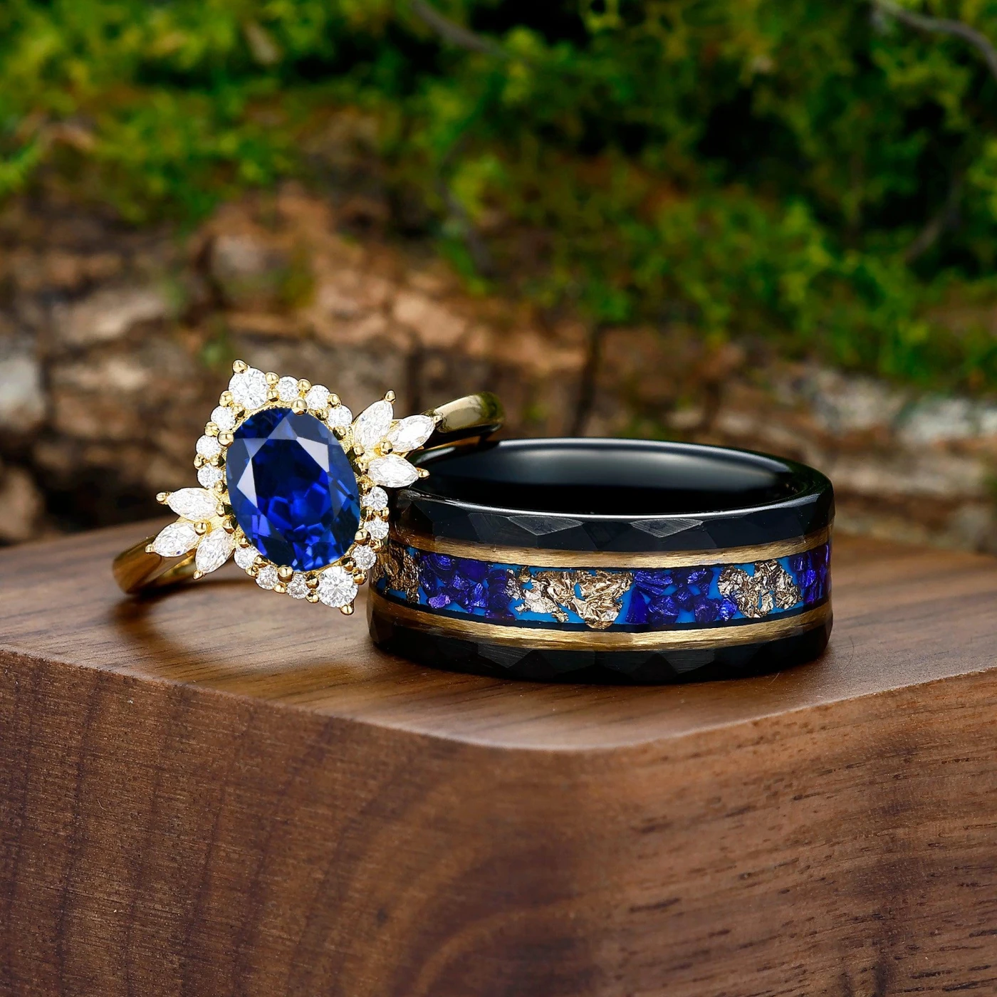 Antique Blue Sapphire Engagement Cluster Personalized Couples' Set Tingsten Matching Rings - view 2
