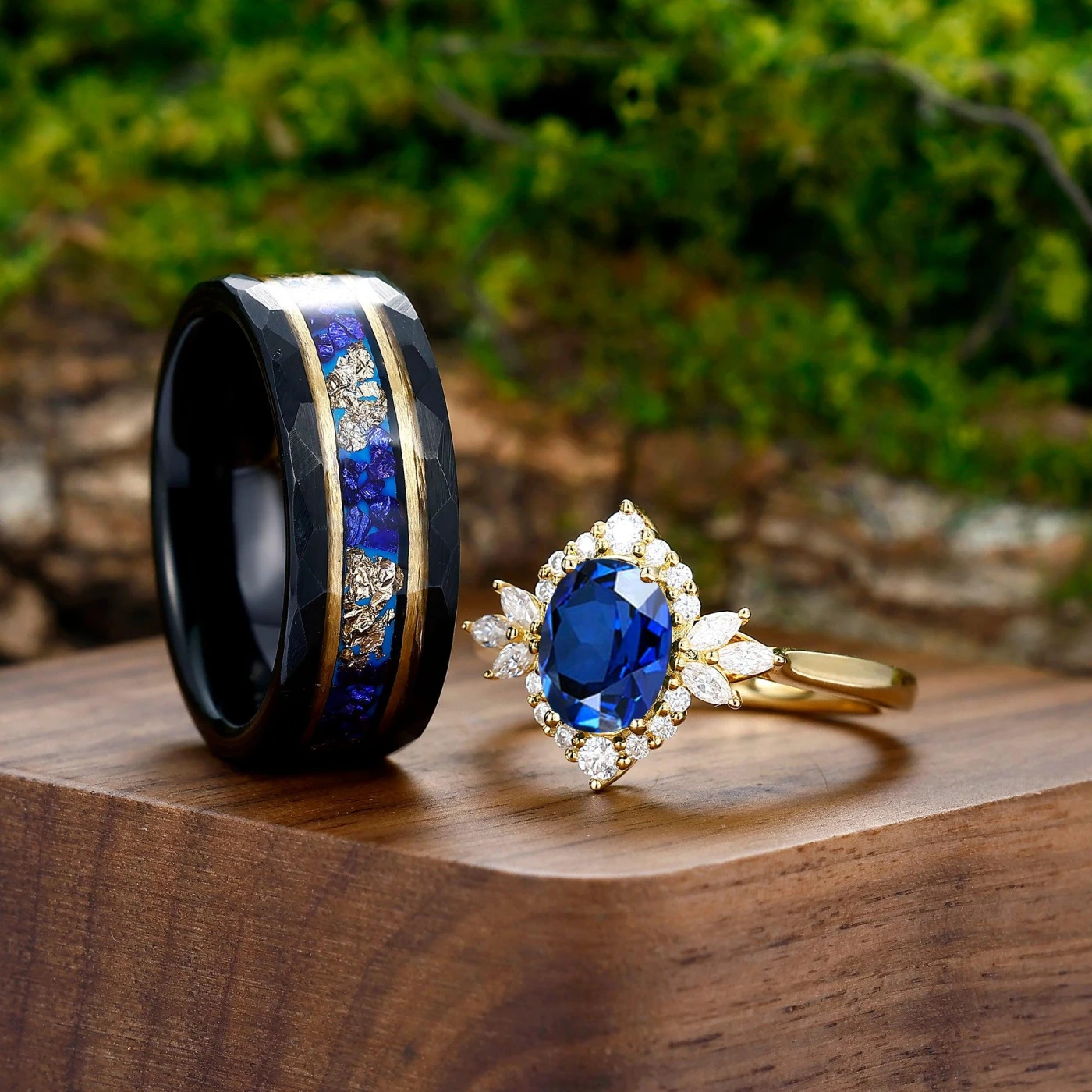 Antique Blue Sapphire Engagement Cluster Personalized Couples' Set Tingsten