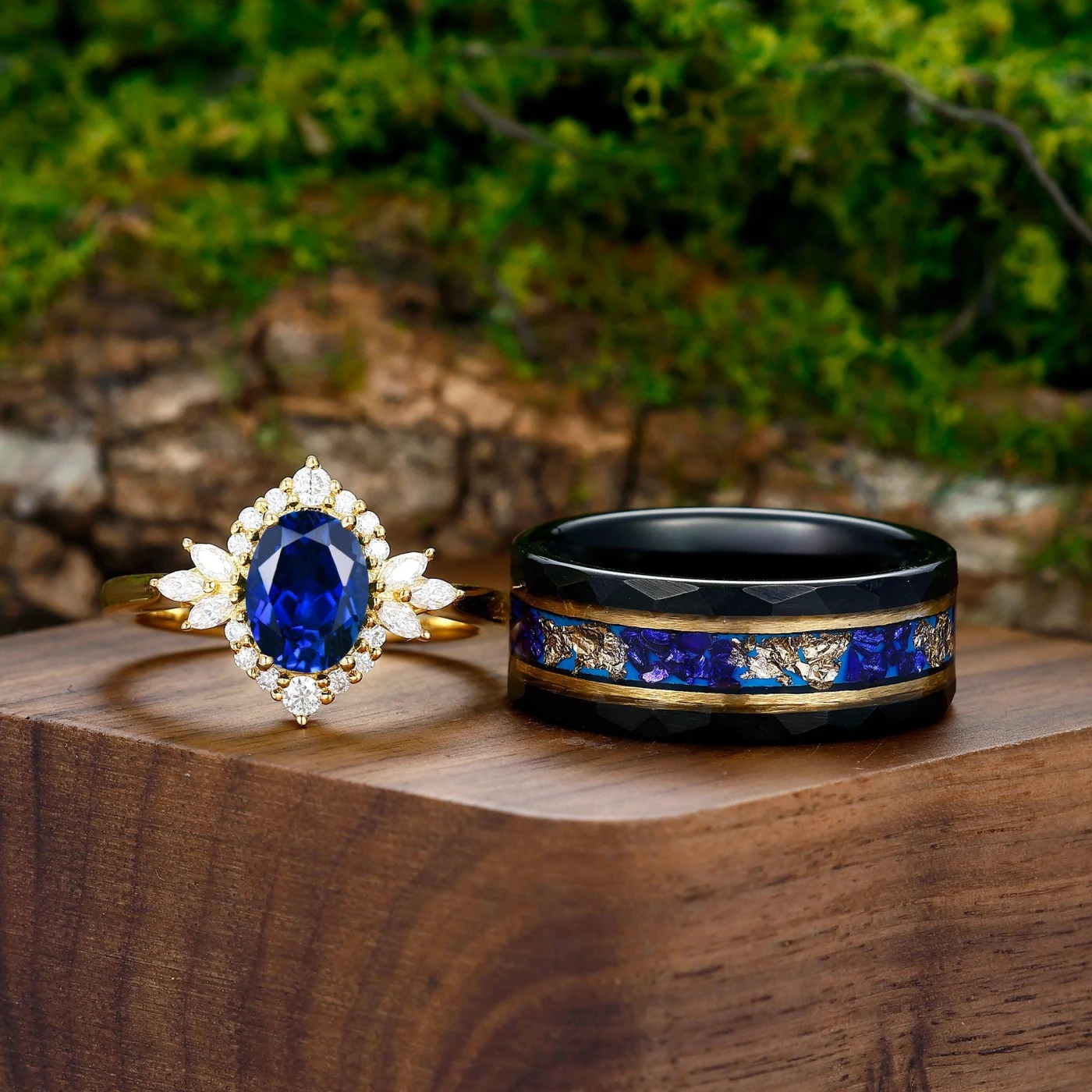 Antique Blue Sapphire Engagement Cluster Personalized Couples' Set Tingsten Matching Rings - view 3