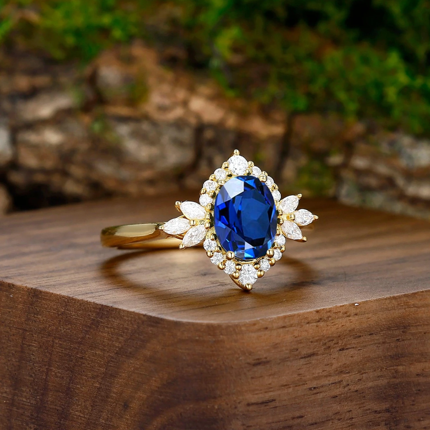 Antique Blue Sapphire Engagement Cluster Personalized Couples' Set Tingsten Matching Rings - view 4