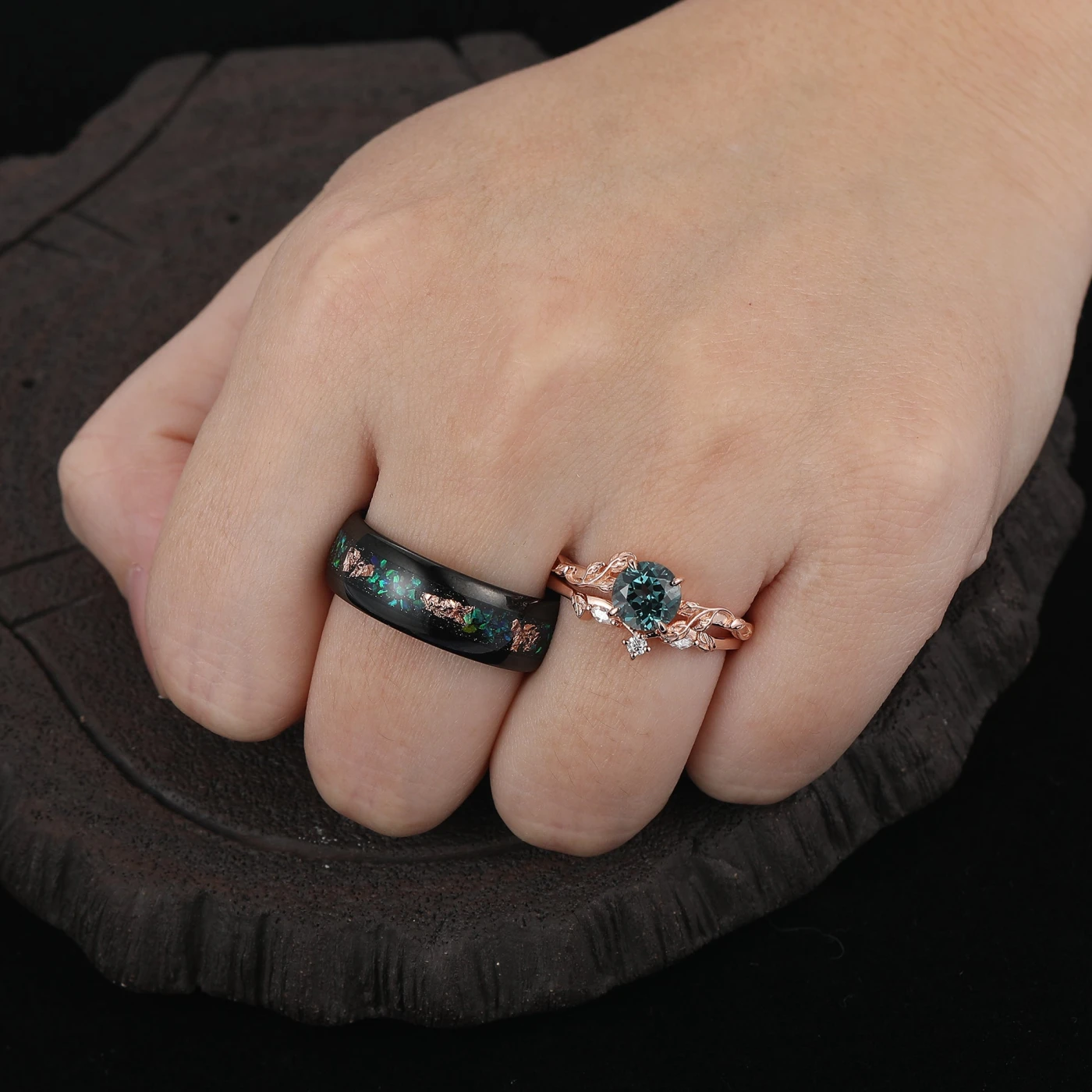 Vintage Leaf Teal Blue Sapphire Engagement Couples Ring Set Peacock Green Opal Promise Wedding Bands for Couples - view 5