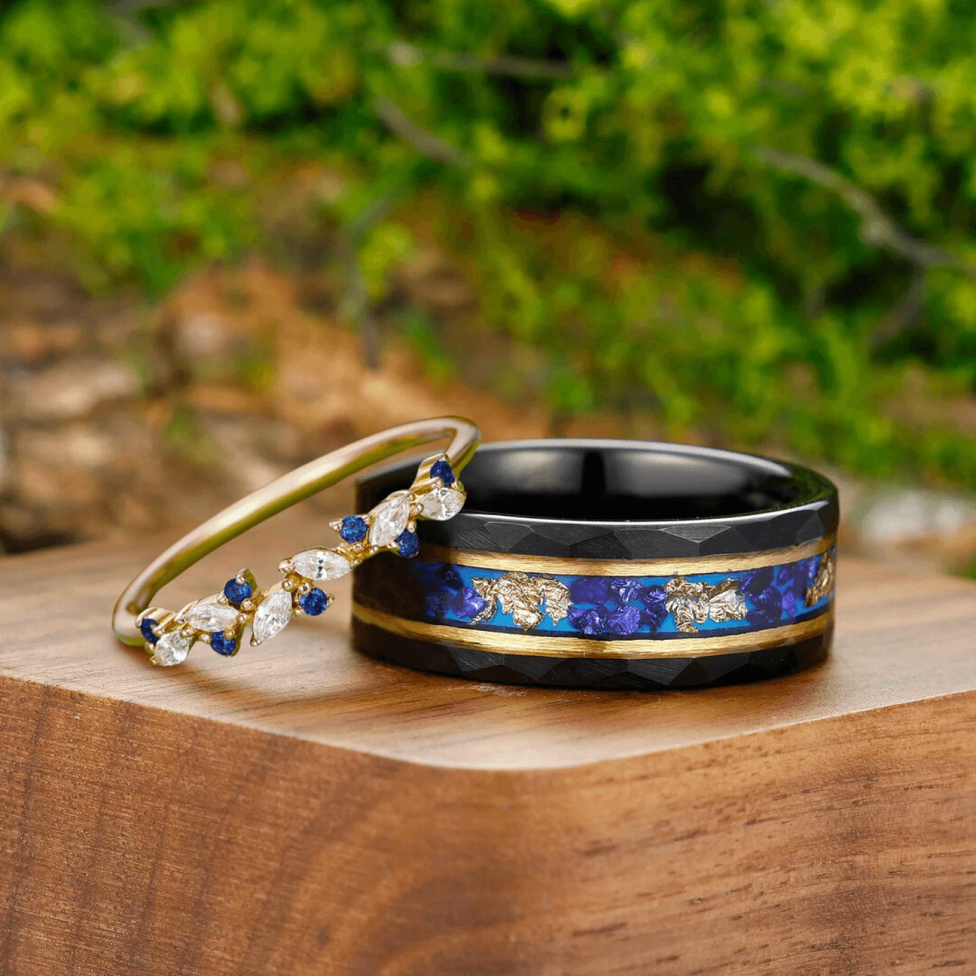 Classic Sapphire Leaf Anniversary Couple Rings His and Hers