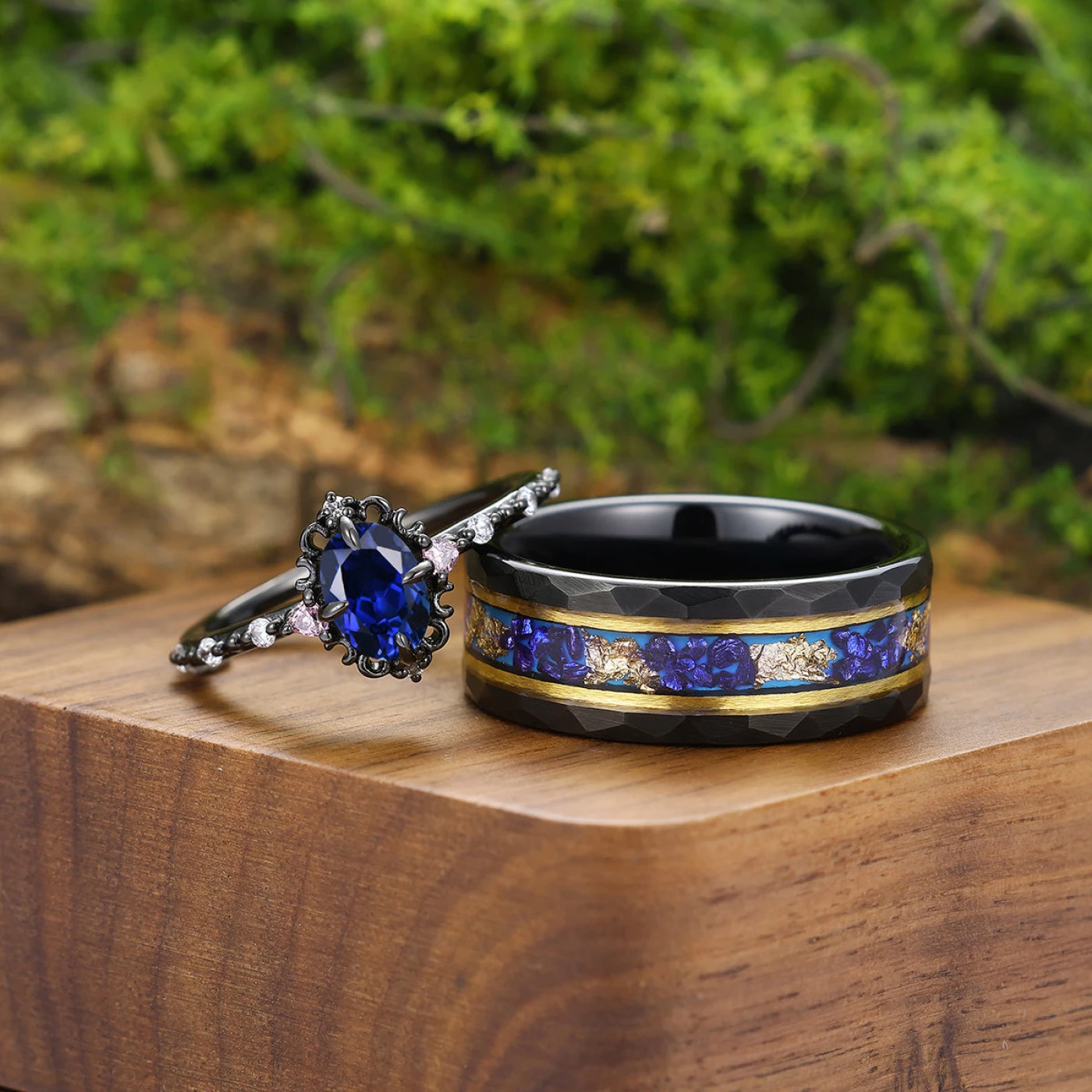 Artsy Blue Sapphire Filigreed Engagement Couple Rings Promise