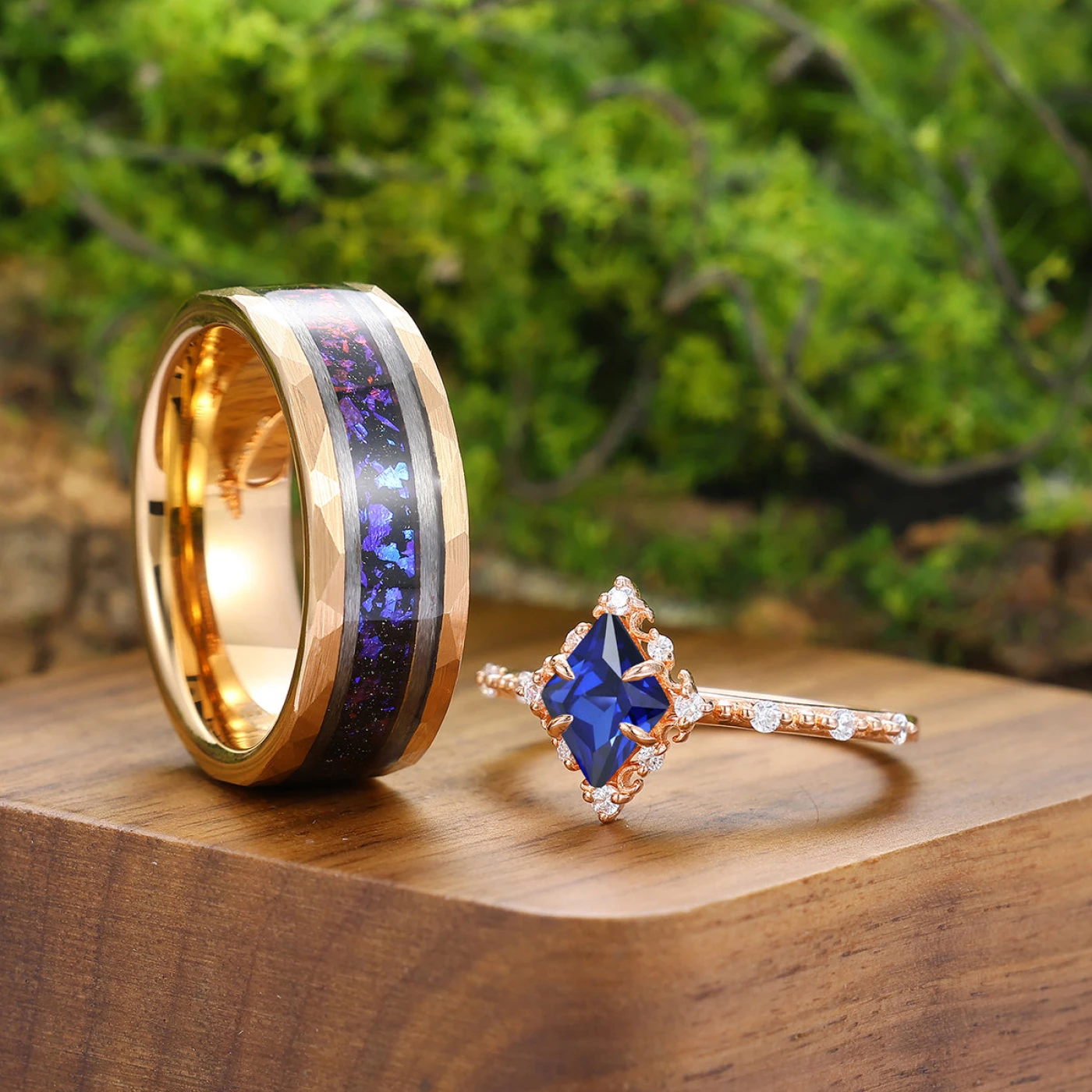 Dainty Sapphire Prong Gold Engagement Couple Rings Blue Tungsten