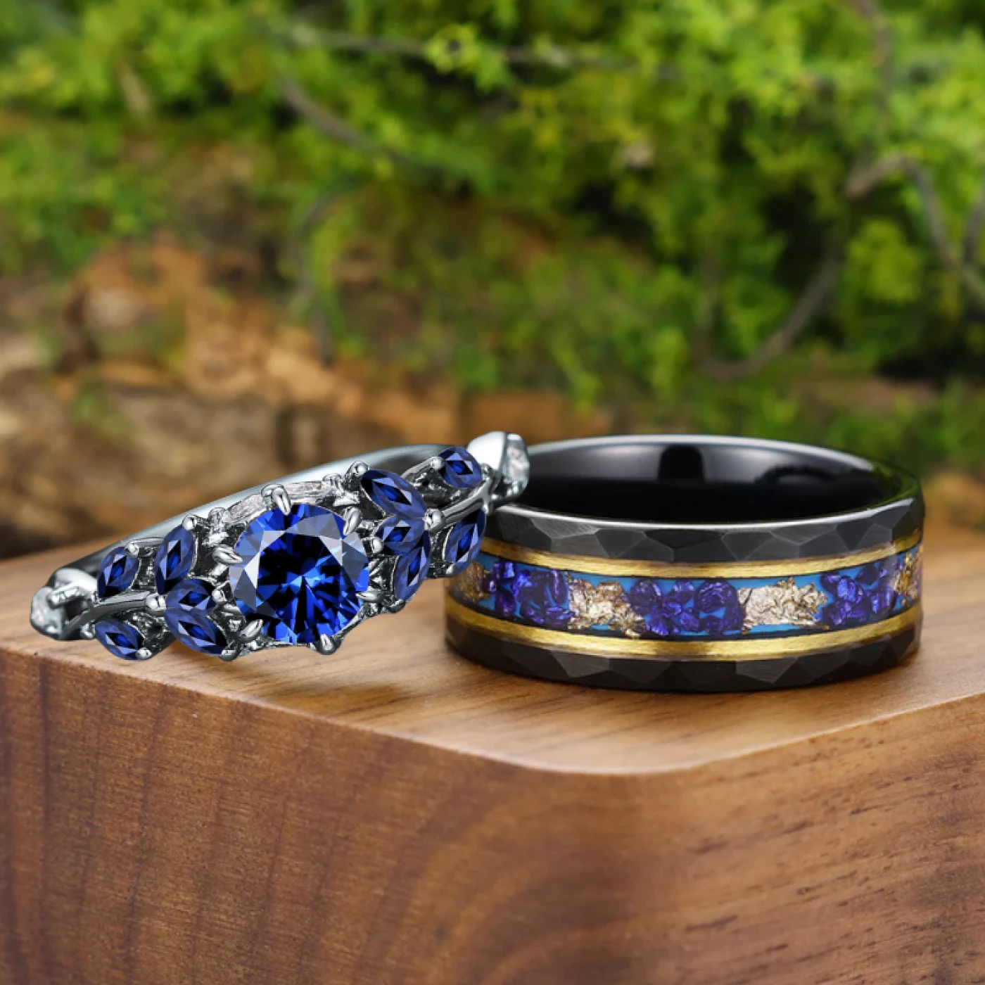 Blue Sapphire and Black Tungsten Wedding Ring Set for Couples - view 6