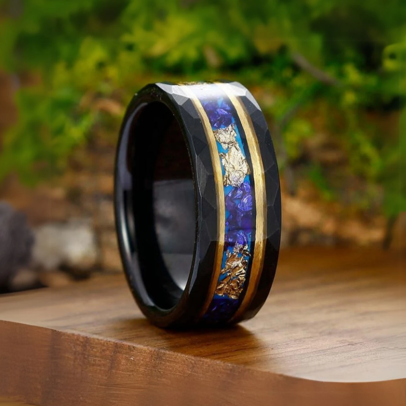 Blue Sapphire and Black Tungsten Wedding Ring Set for Couples - view 8
