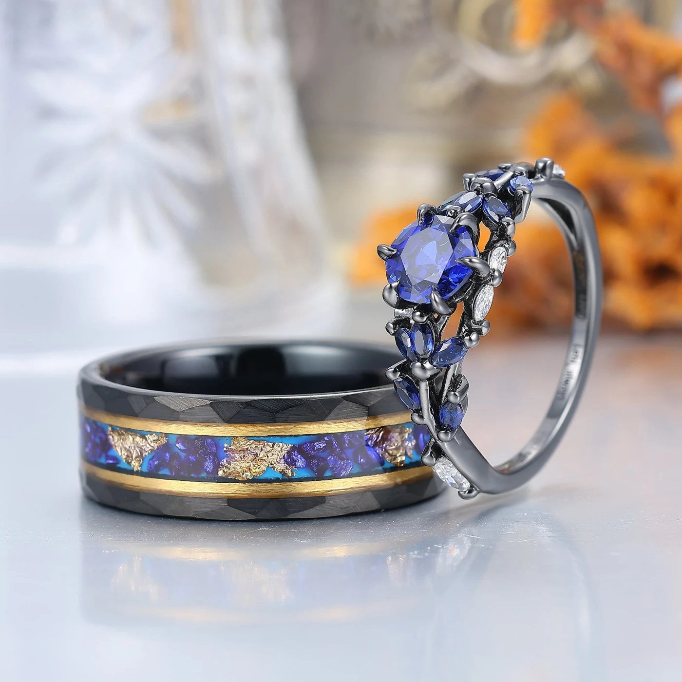 Blue Sapphire and Black Tungsten Wedding Ring Set for Couples - view 3