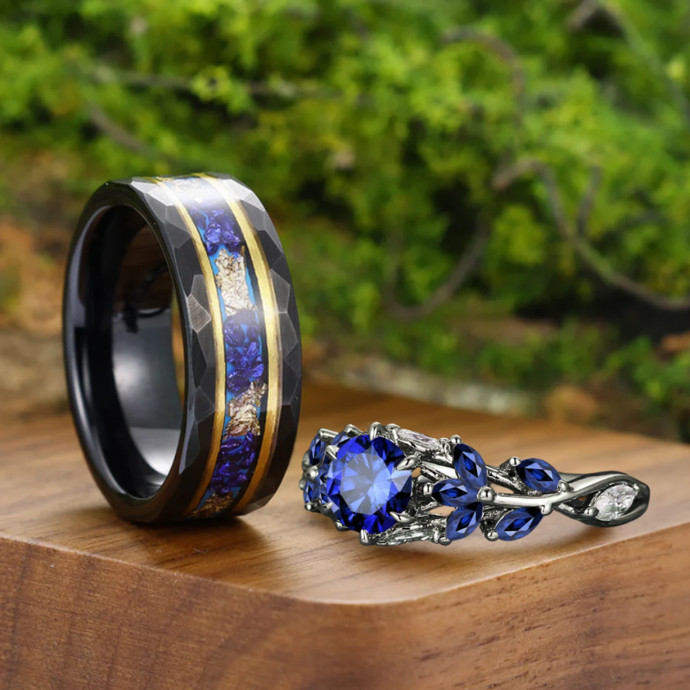 Blue Sapphire and Black Tungsten Wedding Ring Set for Couples - view 7