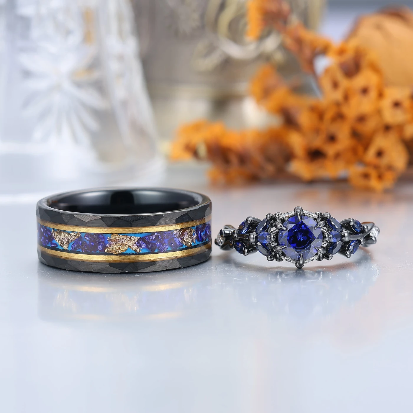 Blue Sapphire and Black Tungsten Wedding Ring Set for Couples - view 2