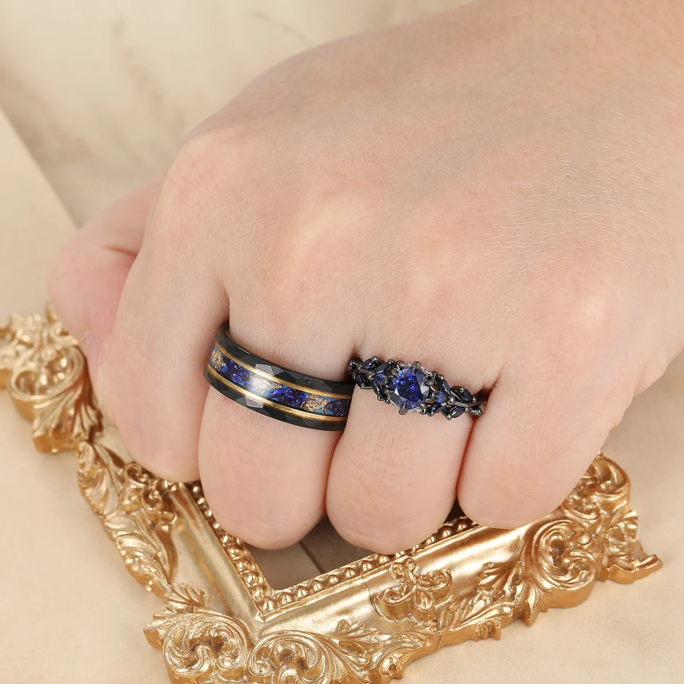 Blue Sapphire and Black Tungsten Wedding Ring Set for Couples - view 5