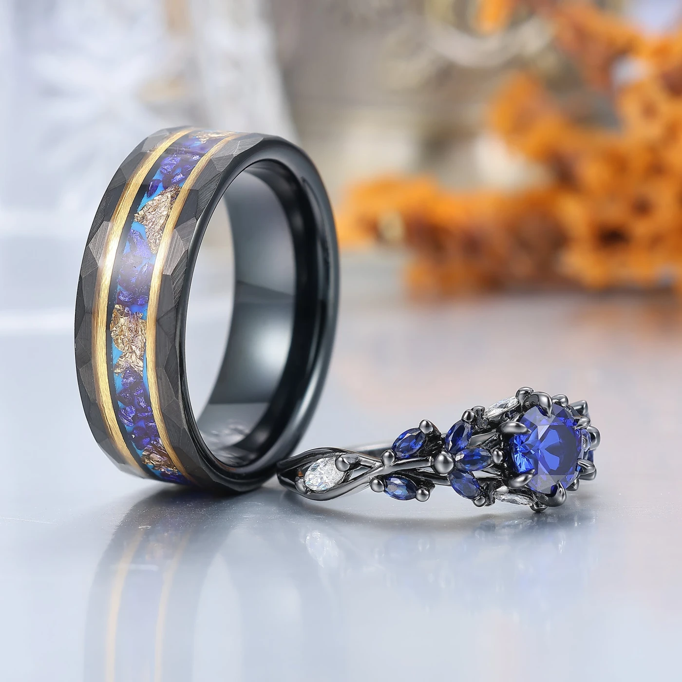 Blue Sapphire and Black Tungsten Wedding Ring Set for Couples - view 4
