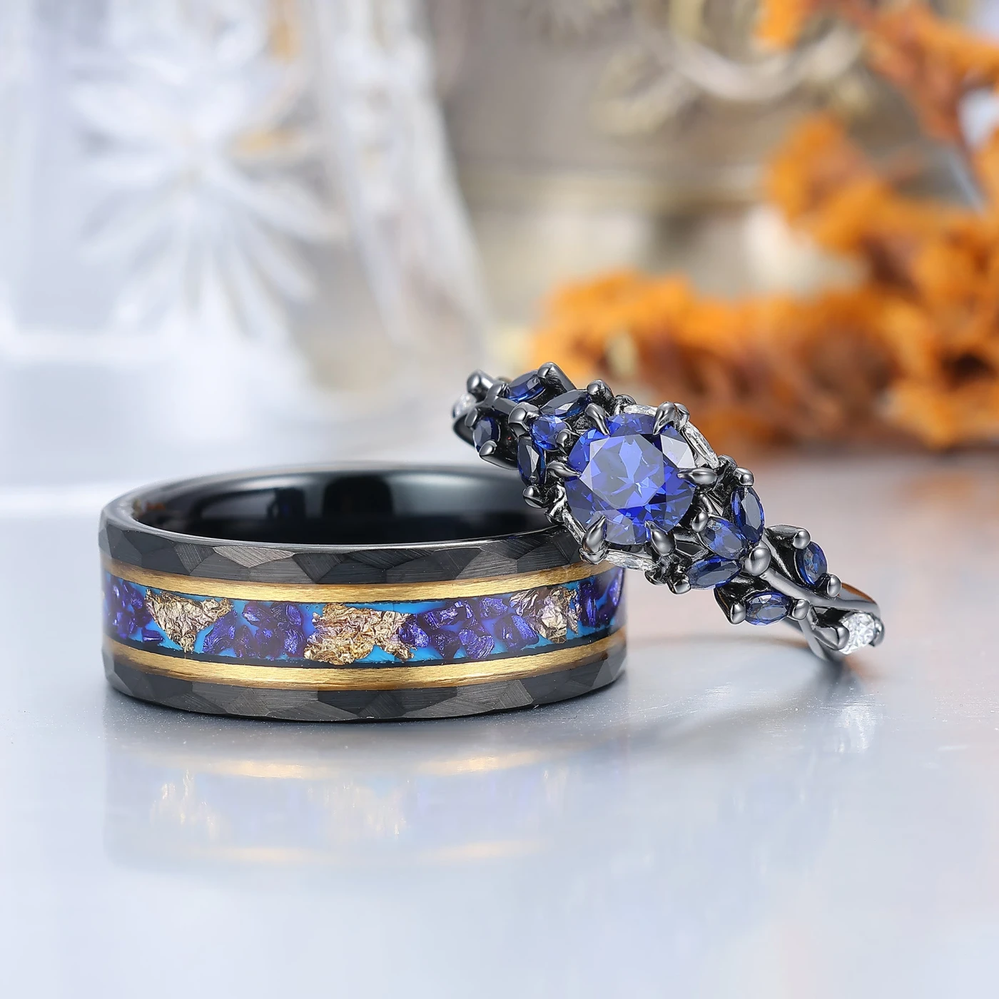 Blue Sapphire and Black Tungsten Wedding Ring Set for Couples