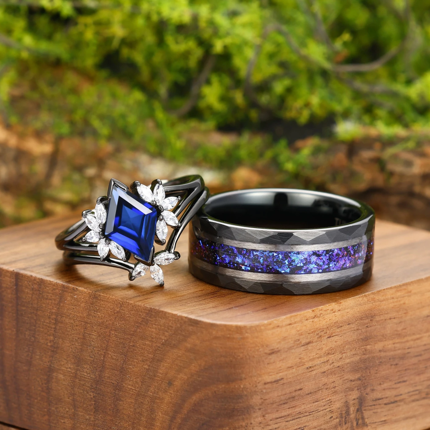 Artsy Milgrain Ring Set For Couples Promise Blue Tungsten His and