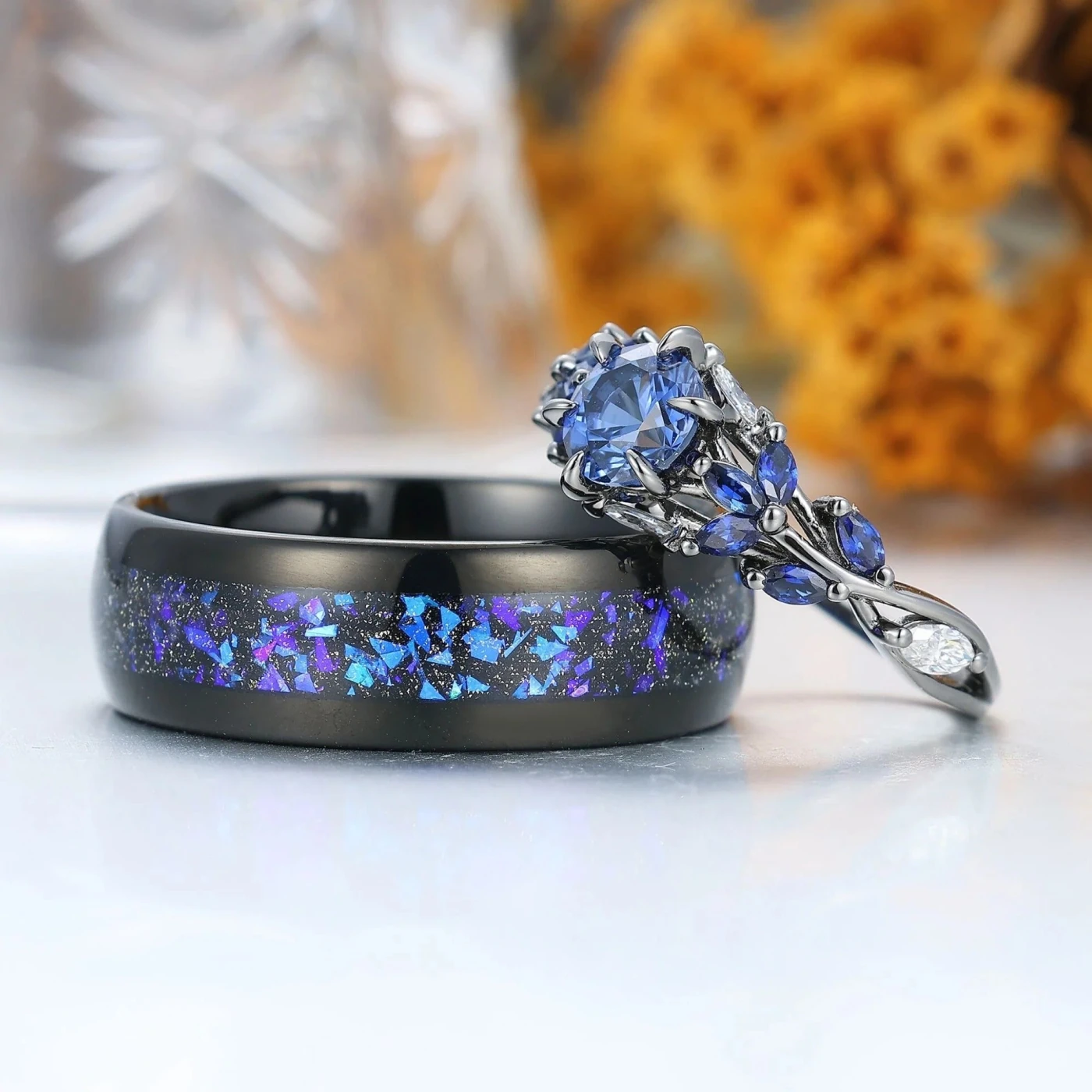 Unique Sapphire Sprigs Engagement His And Hers Wedding Bands Blue Polished