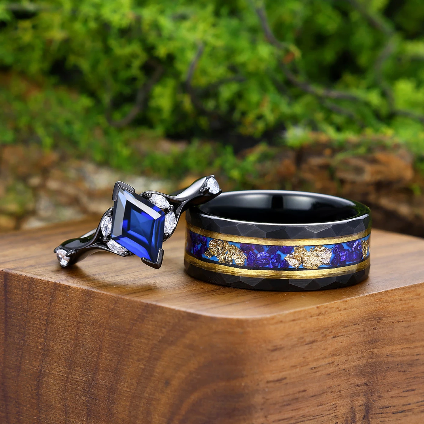 Delicate Sapphire Twisted Vines Engagement Couple Rings Matching