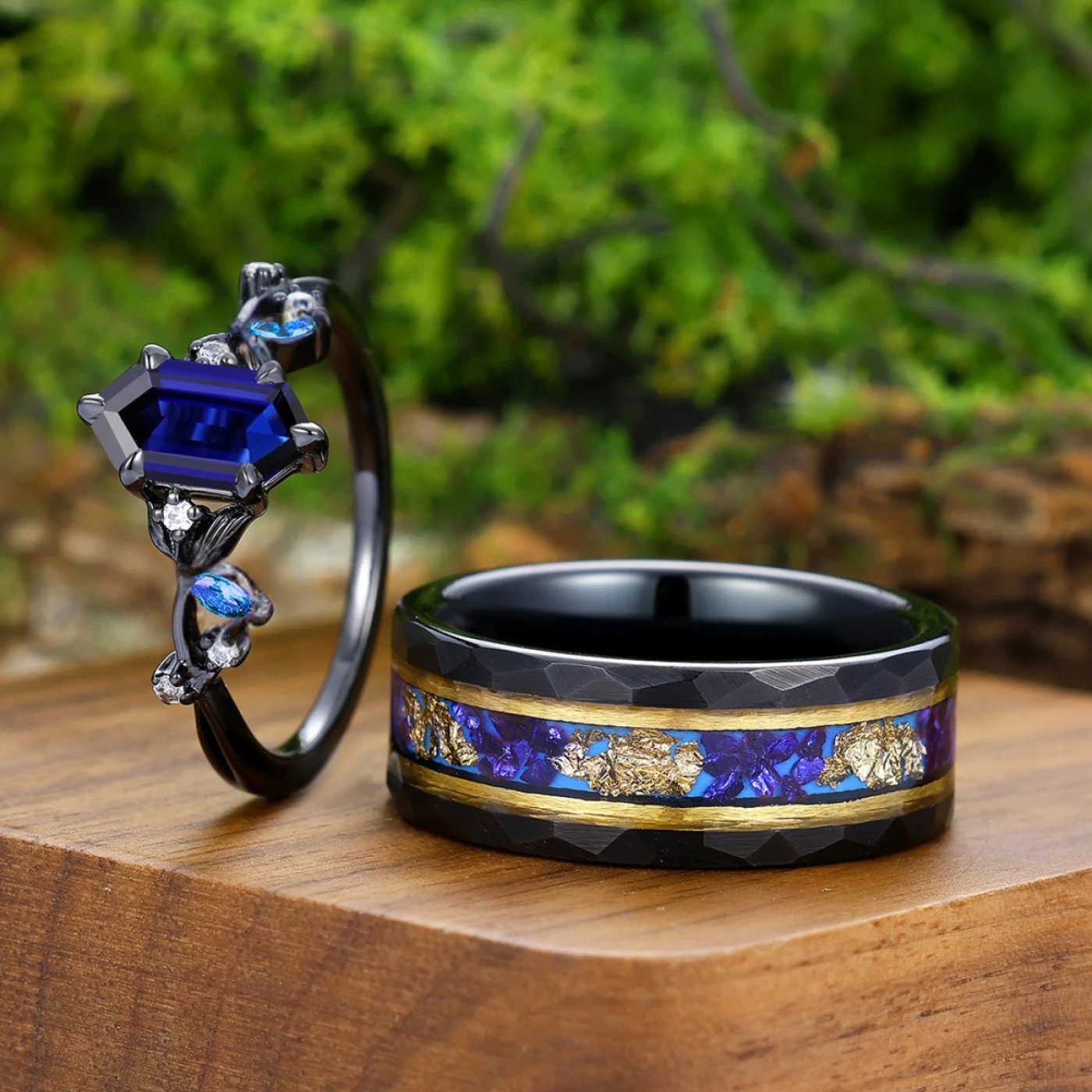 Delicate Sapphire Tiny Leaves Twigs Engagement Couple Rings S925 And Tungsten His And Hers Ring - view 4