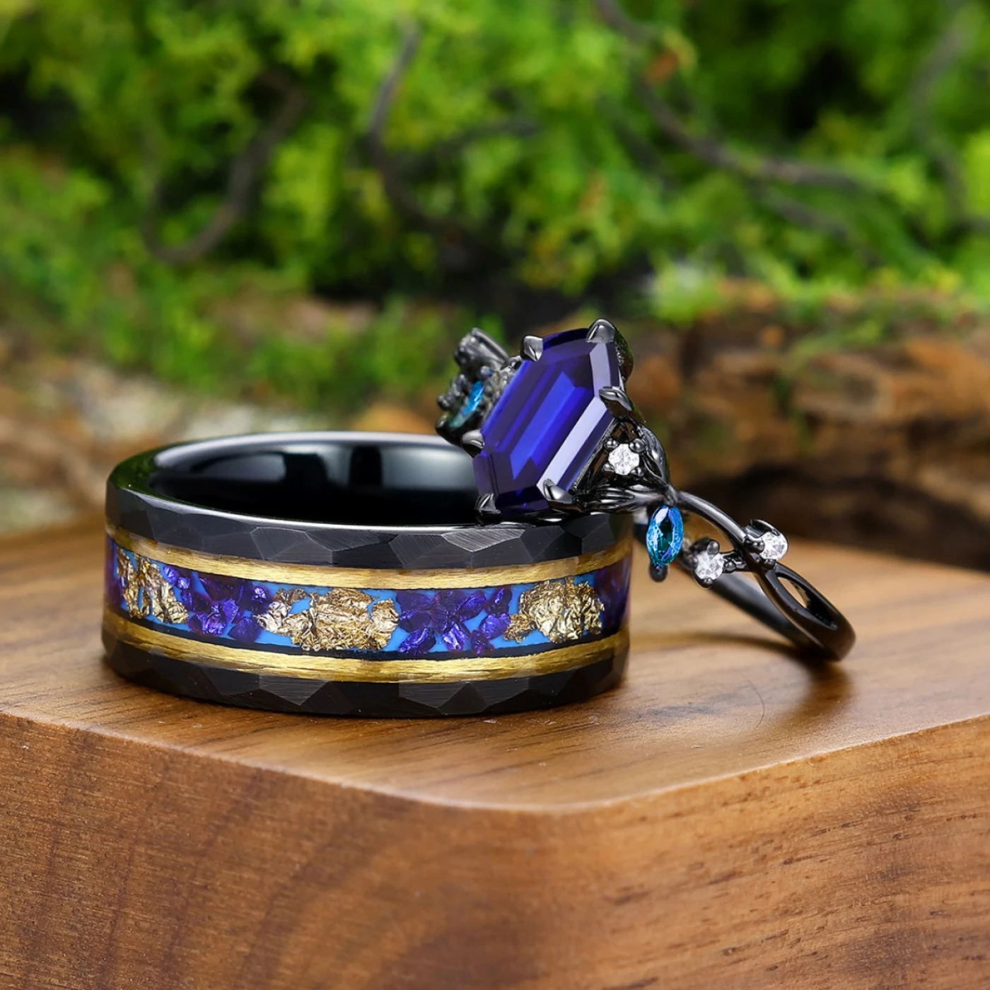 Delicate Sapphire Tiny Leaves Twigs Engagement Couple Rings S925 And Tungsten His And Hers Ring - view 2