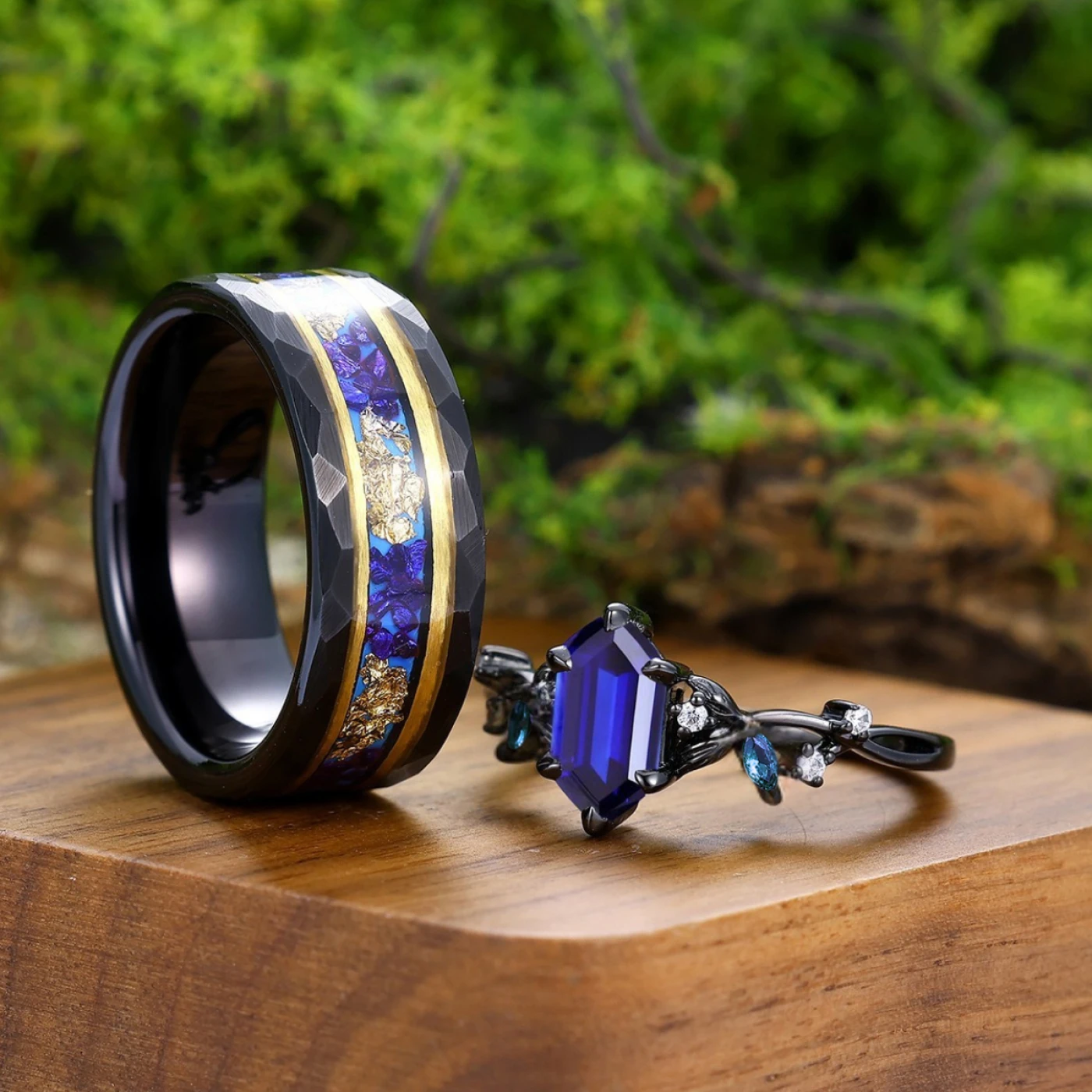 Delicate Sapphire Tiny Leaves Twigs Engagement Couple Rings S925 And Tungsten His And Hers Ring - view 3
