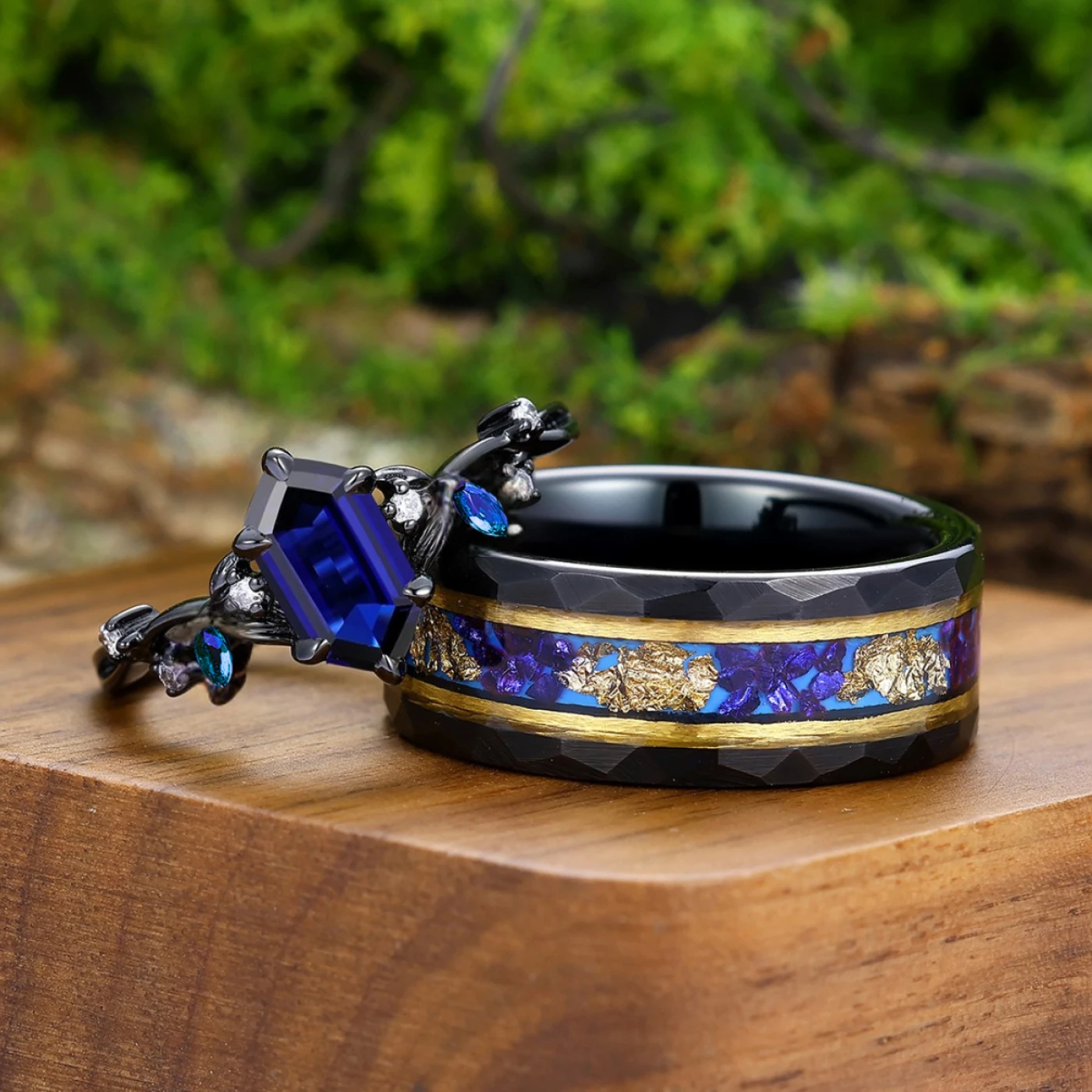 Delicate Sapphire Tiny Leaves Twigs Engagement Couple Rings S925