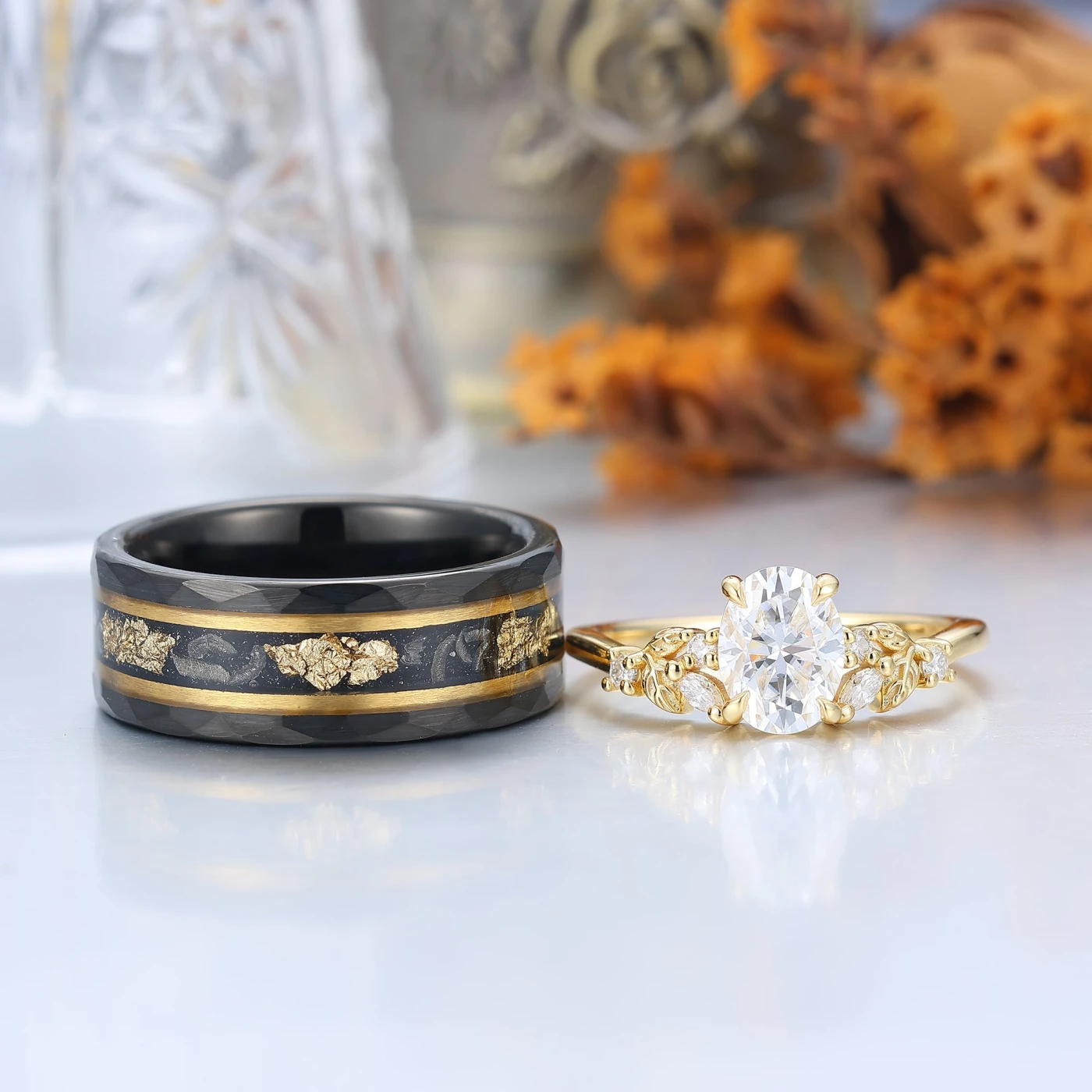 Dainty Moissanite Engagement Leaf Couples Ring Set 925 Sterling
