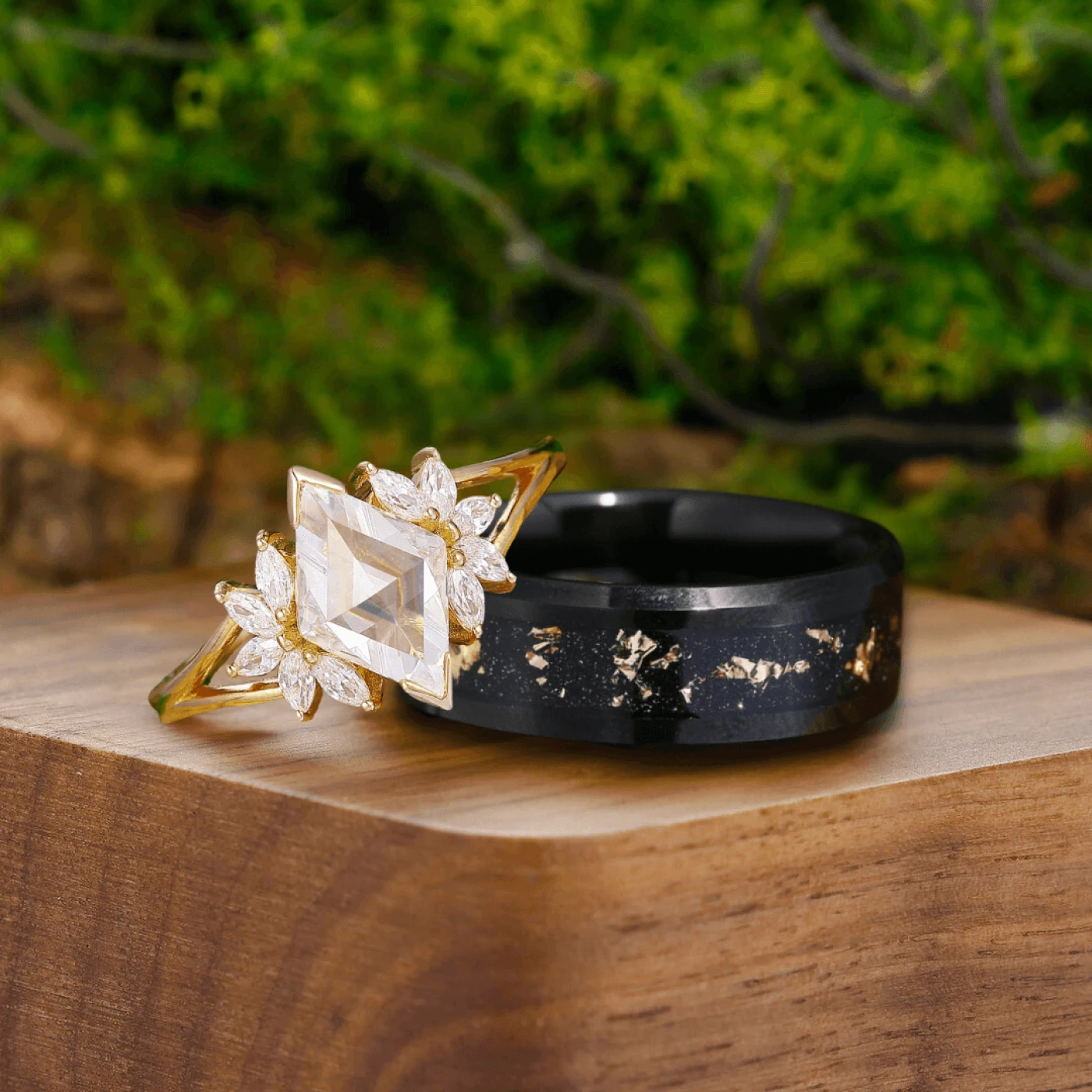Art Deco Petal Moissanite Engagement His and Hers Wedding Rings Gold Leaf