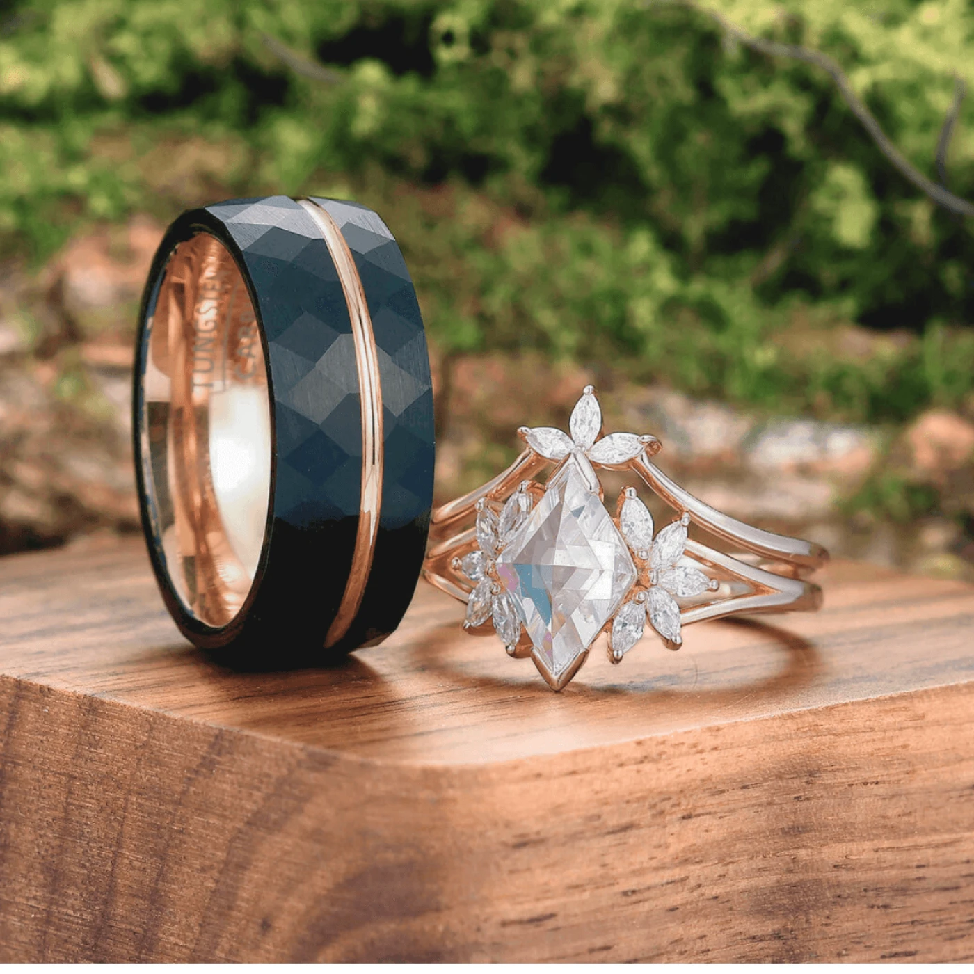 Classic Moissanite Engagement Petal Couples Ring Set His and Hers