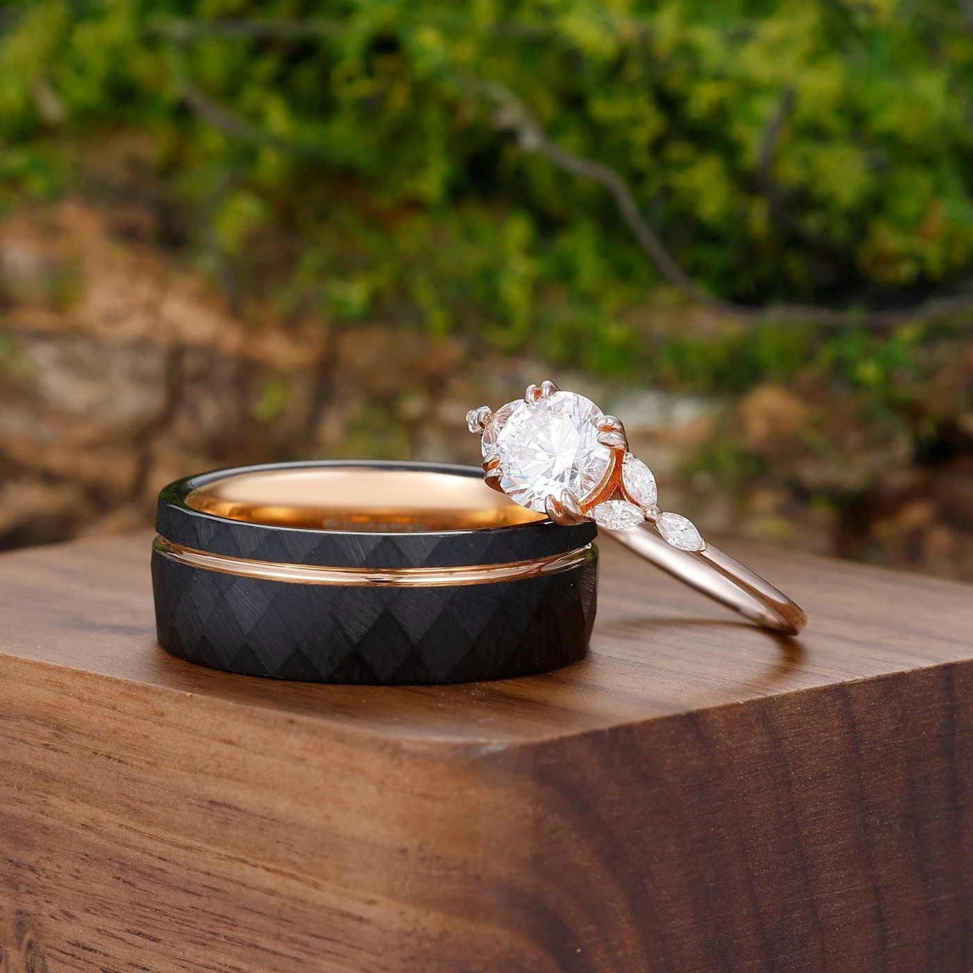 Minimalist Round Cut Moissanite Couples Ring Set S925 Gold Plated And Rhombic Tungsten Matching Ring - view 3