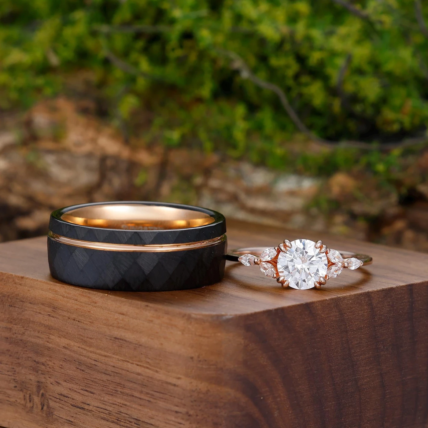 Minimalist Round Cut Moissanite Couples Ring Set S925 Gold Plated And Rhombic Tungsten Matching Ring - view 4