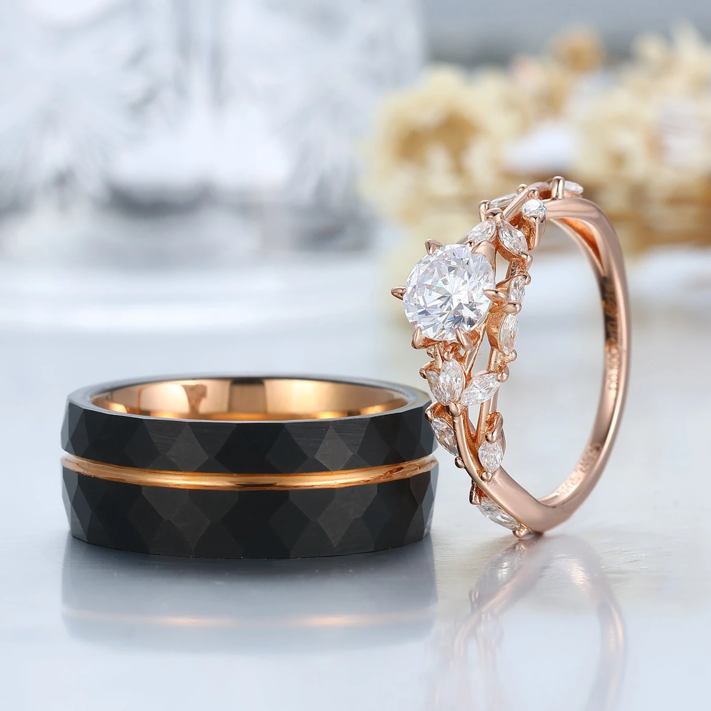 Elegant Moissanite Engagement Couple Rings Stylish Tungsten Promise Ring His and Hers Wedding Ring Set - view 7