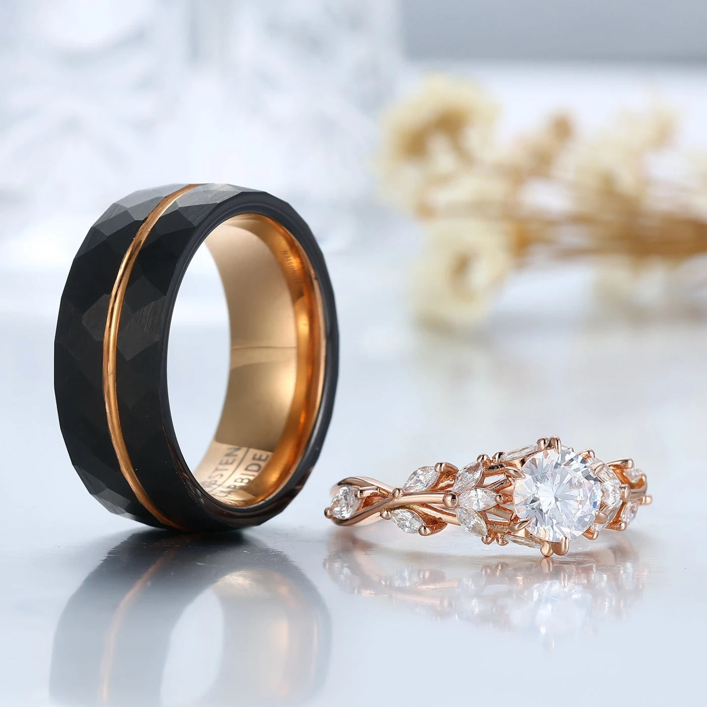 Elegant Moissanite Engagement Couple Rings Stylish Tungsten Promise Ring His and Hers Wedding Ring Set - view 6