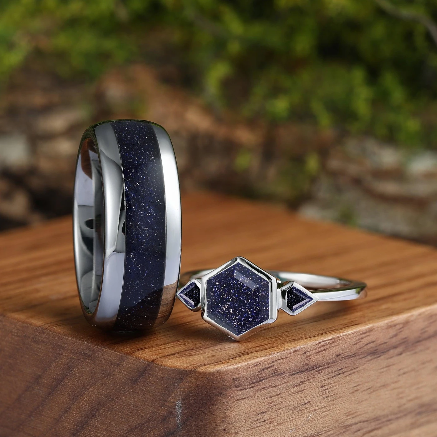 Skye Blue Sandstone Couples Ring Set His and Hers Great Rift Nebula Sterling Silver Wedding Band - view 2