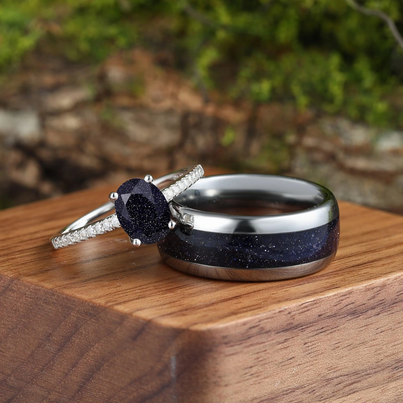 Galaxy Blue Sandstone His and Hers Couples Ring Set Great Rift