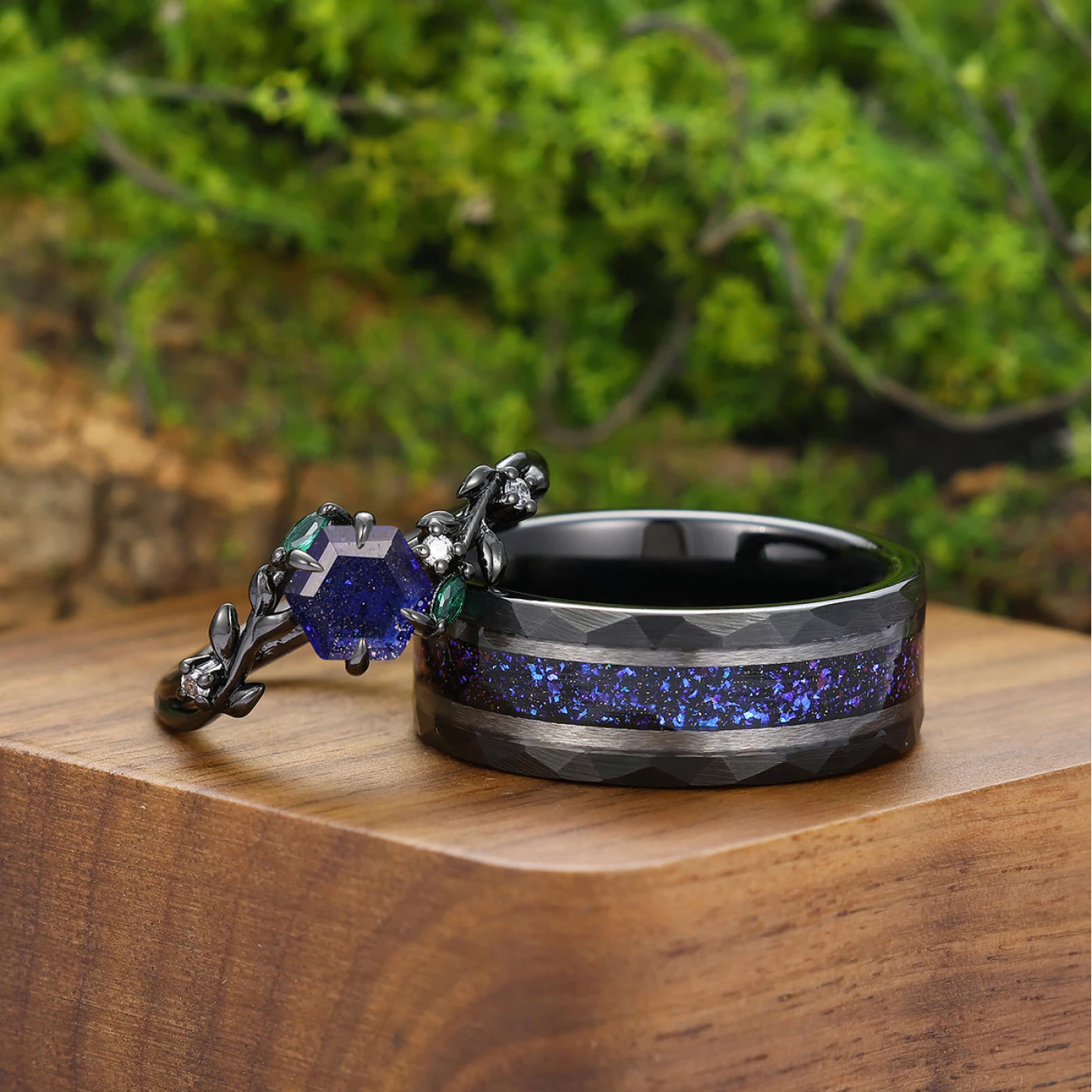 Unique Galaxy Sandstone Engagement Leaves Couple Rings Black