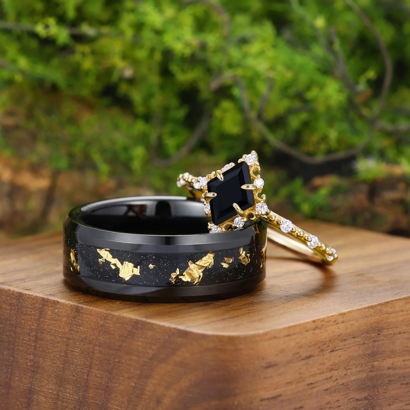 Delicate Black Onyx Half Eternity Engagement Couples Ring His And Hers Gold Black Tungsten Matching Wedding Band - view 4