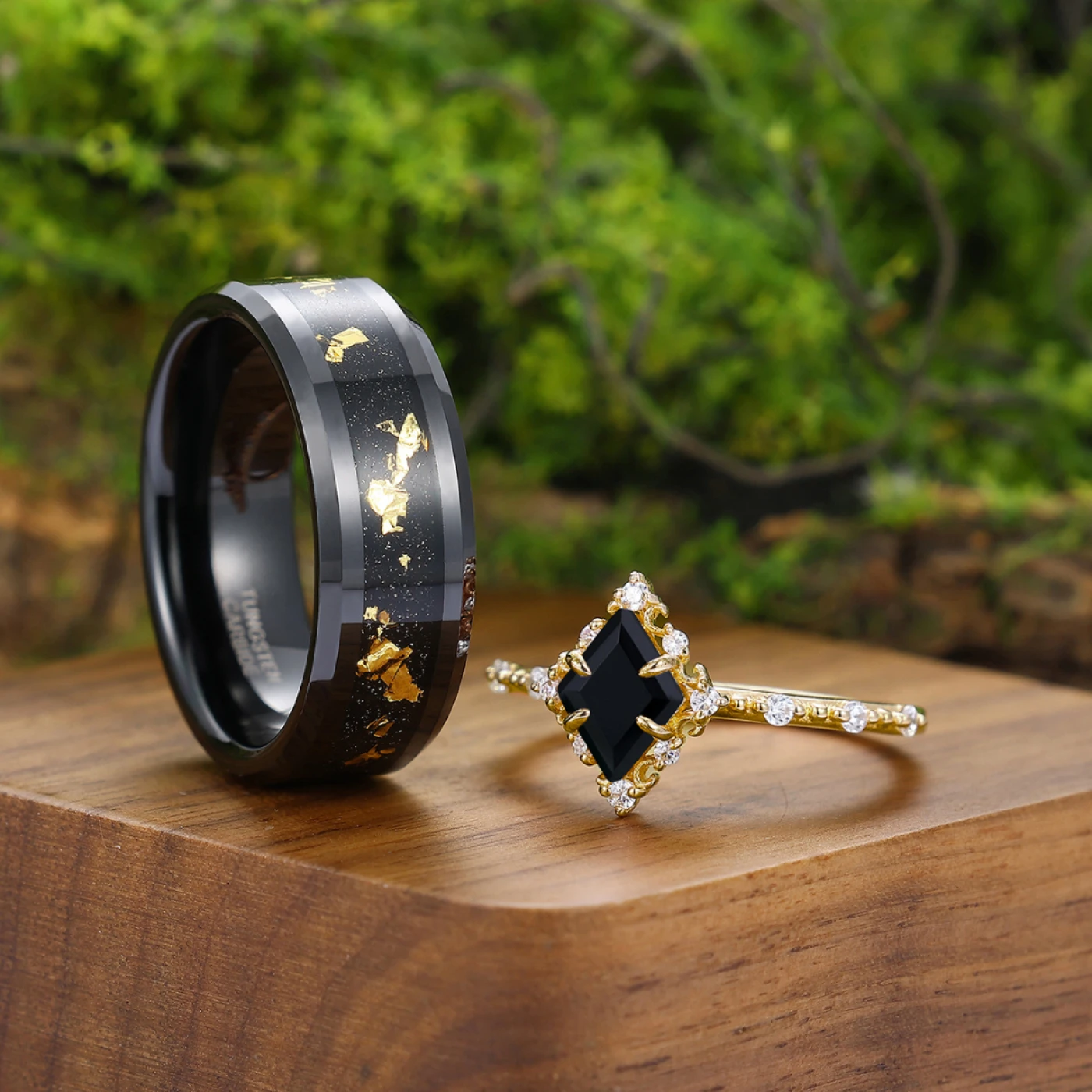 Delicate Black Onyx Half Eternity Engagement Couples Ring His And