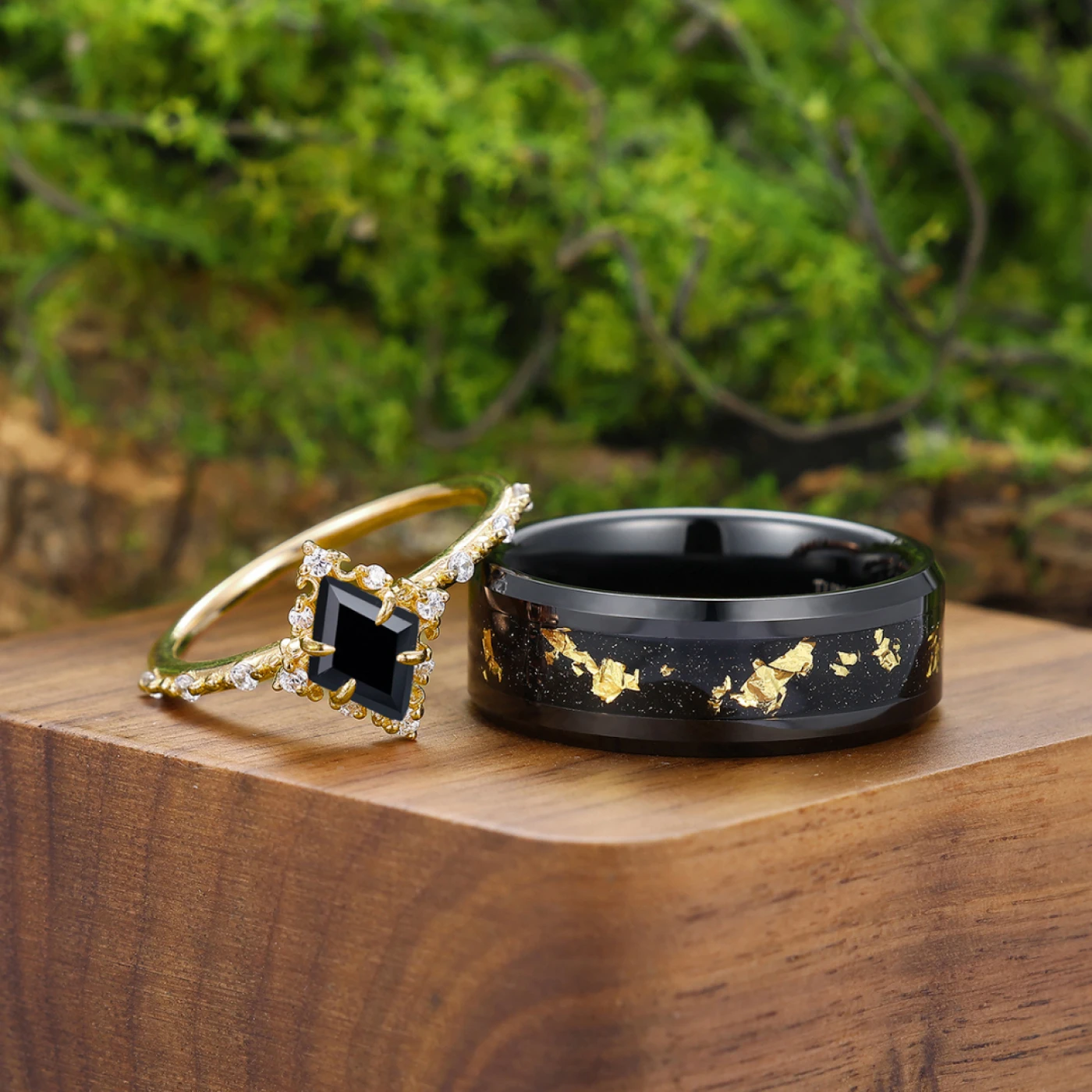Delicate Black Onyx Half Eternity Engagement Couples Ring His And Hers Gold Black Tungsten Matching Wedding Band - view 2