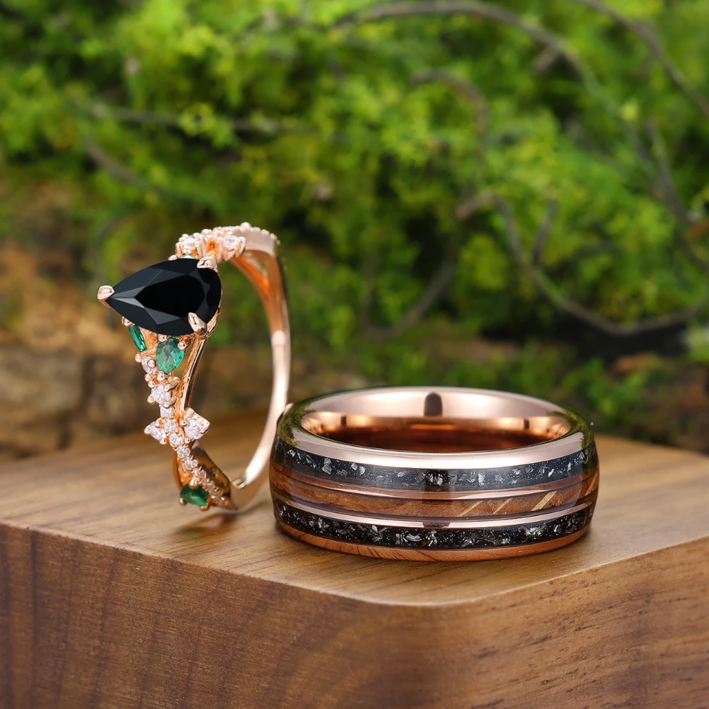 Dazzling Black Onyx Half Eternity Engagement Couples Ring Rose Gold Tungsten His And Hers Wedding Bands - view 2