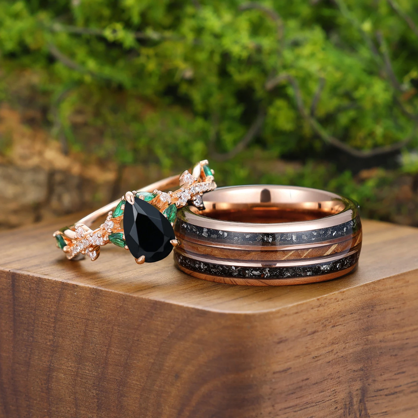 Dazzling Black Onyx Half Eternity Engagement Couples Ring Rose