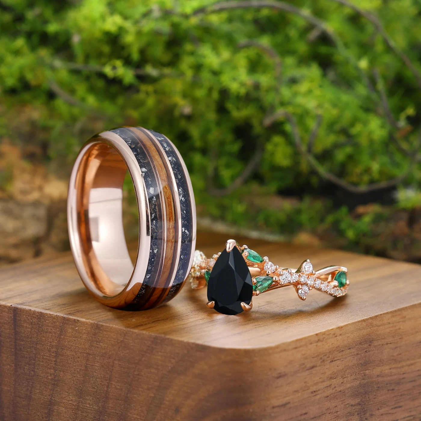 Dazzling Black Onyx Half Eternity Engagement Couples Ring Rose Gold Tungsten His And Hers Wedding Bands - view 4