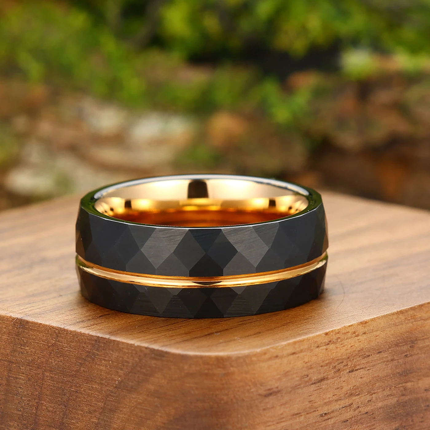Exquisite Natural Black Onyx Cluster Engagement Couple Rings Matching Stylish Hammered Tungsten His And Hers Wedding Rings - view 4
