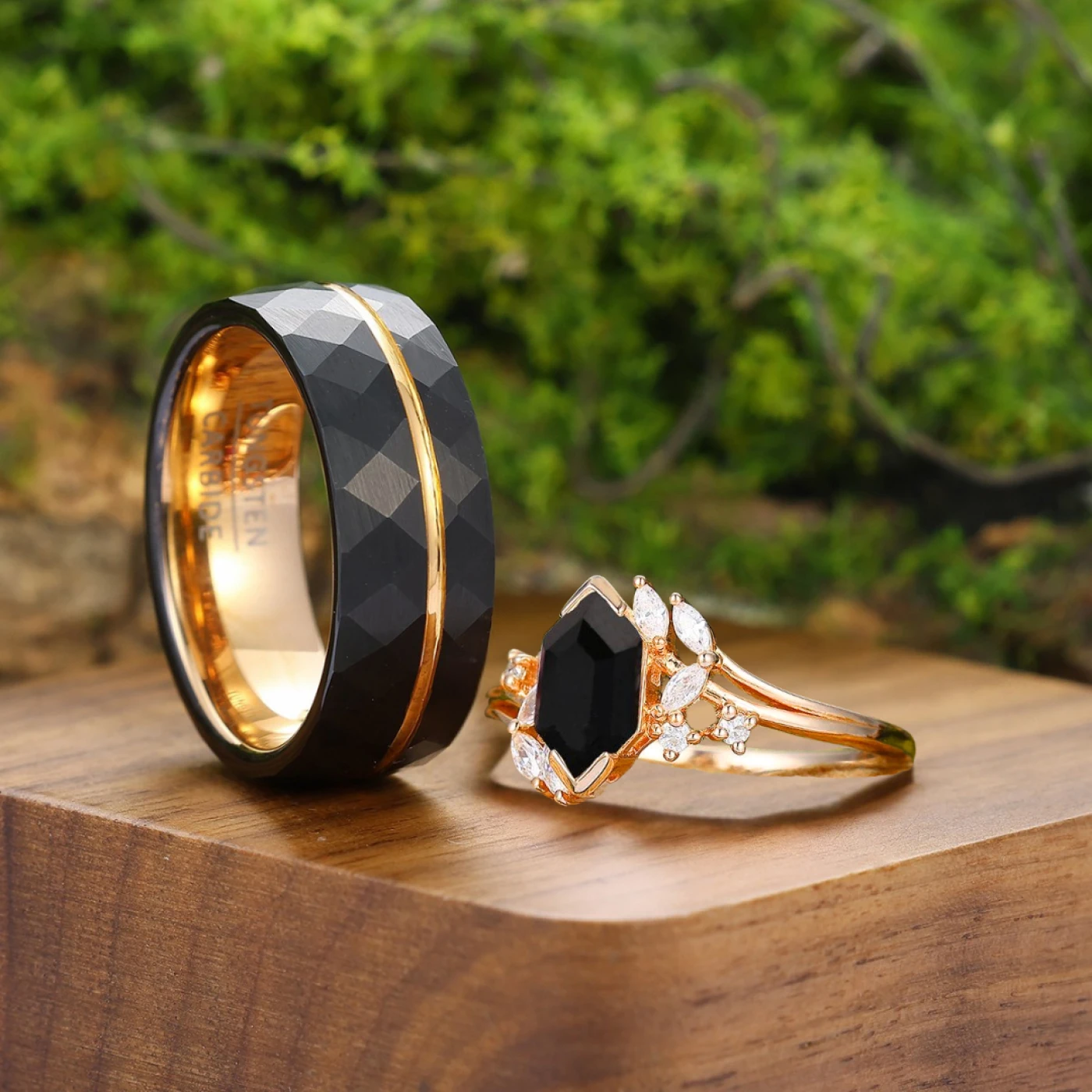 Exquisite Natural Black Onyx Cluster Engagement Couple Rings Matching Stylish Hammered Tungsten His And Hers Wedding Rings - view 3