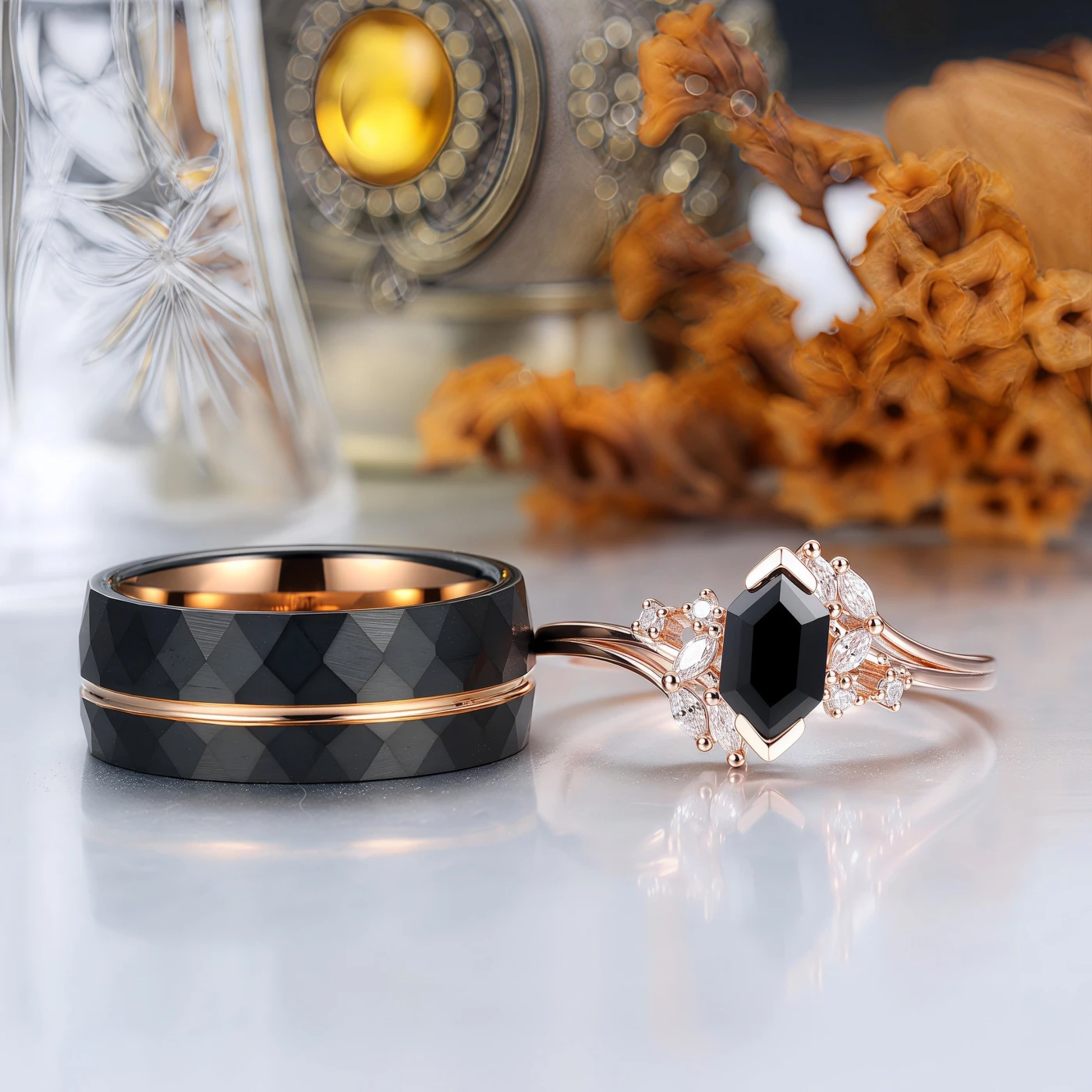 Exquisite Natural Black Onyx Cluster Engagement Couple Rings Matching Stylish Hammered Tungsten His And Hers Wedding Rings - view 8