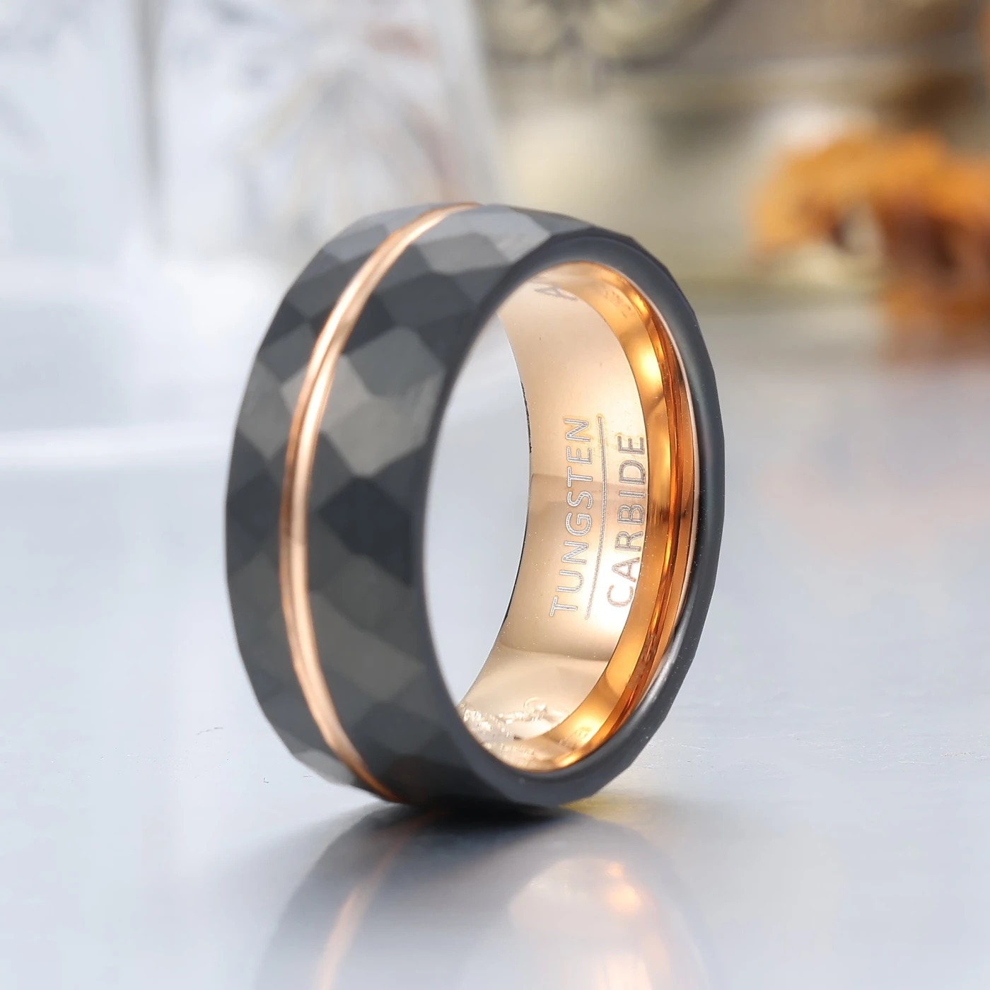 Exquisite Natural Black Onyx Cluster Engagement Couple Rings Matching Stylish Hammered Tungsten His And Hers Wedding Rings - view 13