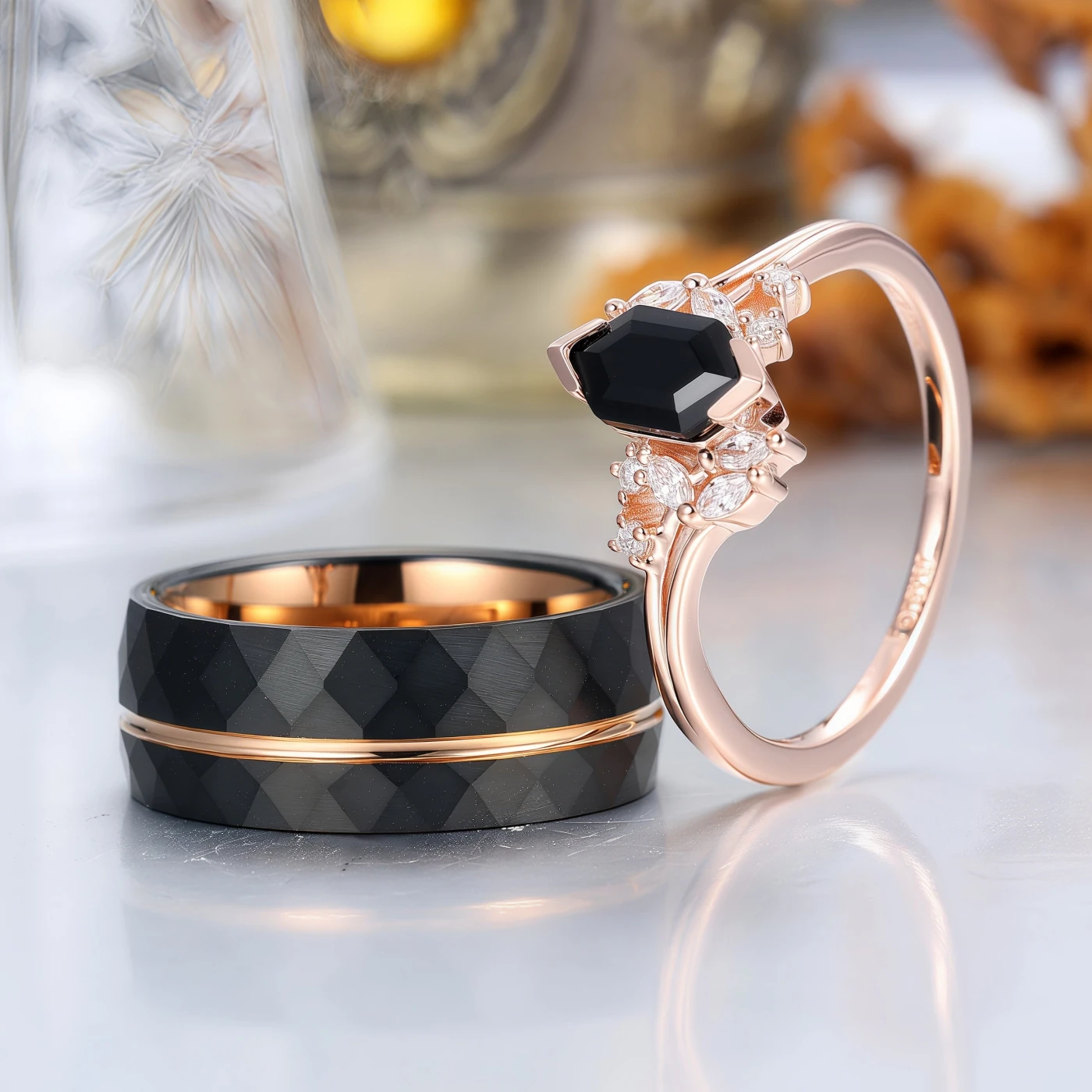 Exquisite Natural Black Onyx Cluster Engagement Couple Rings Matching Stylish Hammered Tungsten His And Hers Wedding Rings - view 12